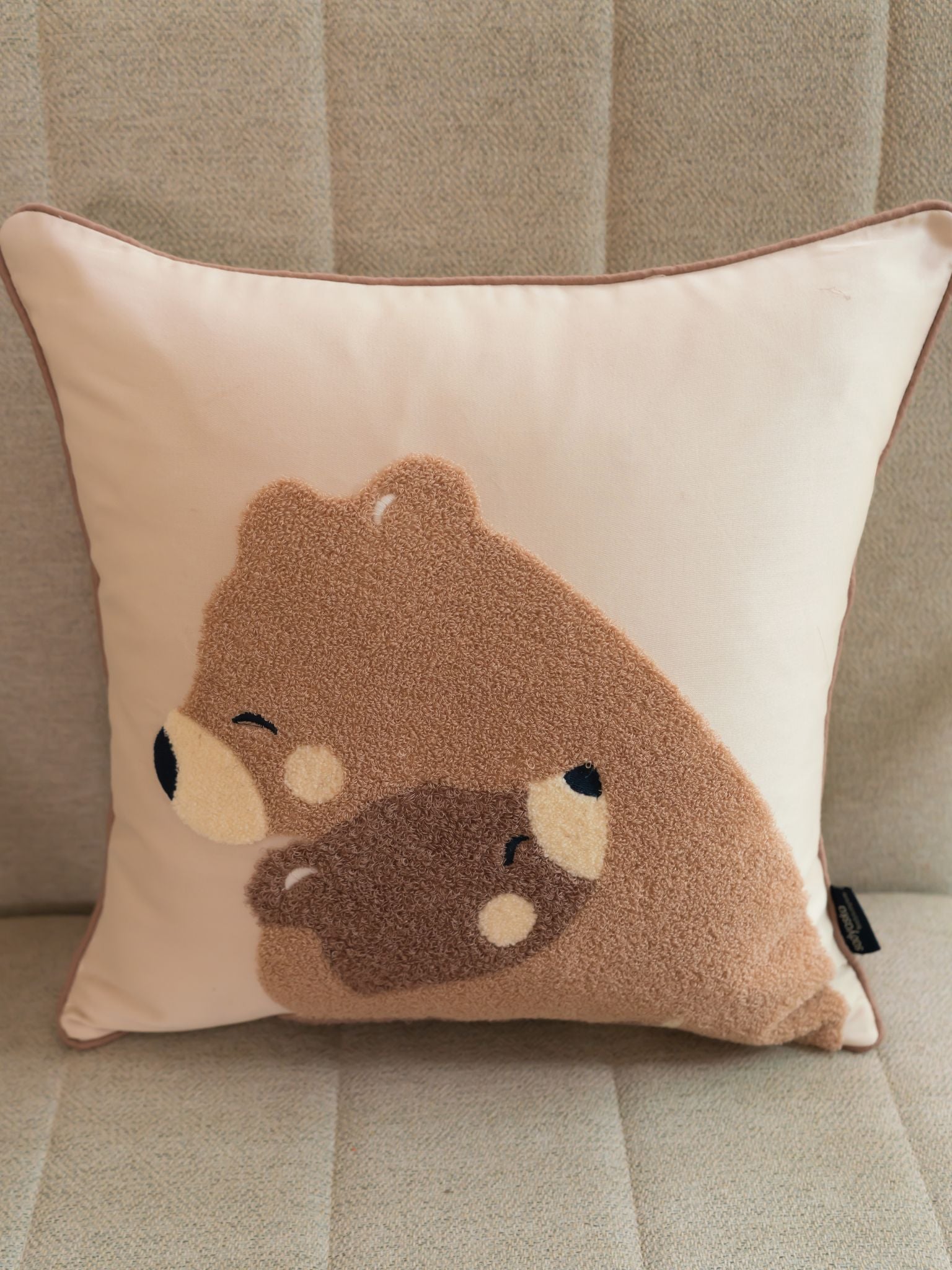 Cuddle Bean Cotton Embroidered Oats Beige Cushion Cover Kids Design 16" X 16"