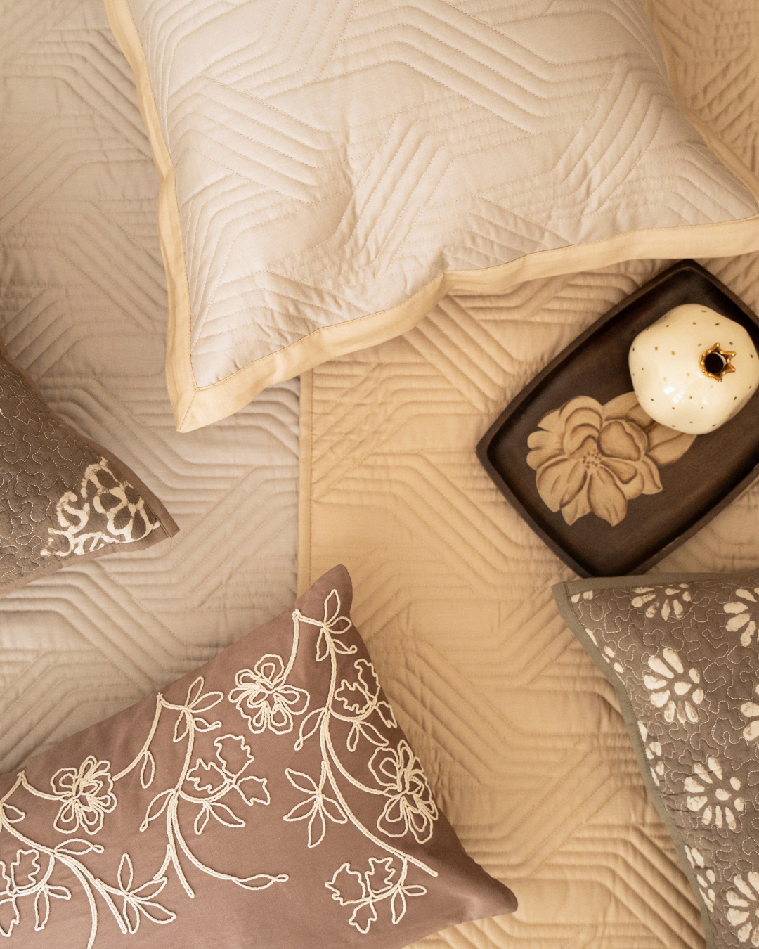 Quilted Sand and Beige Magnolia Reversible Bedspread