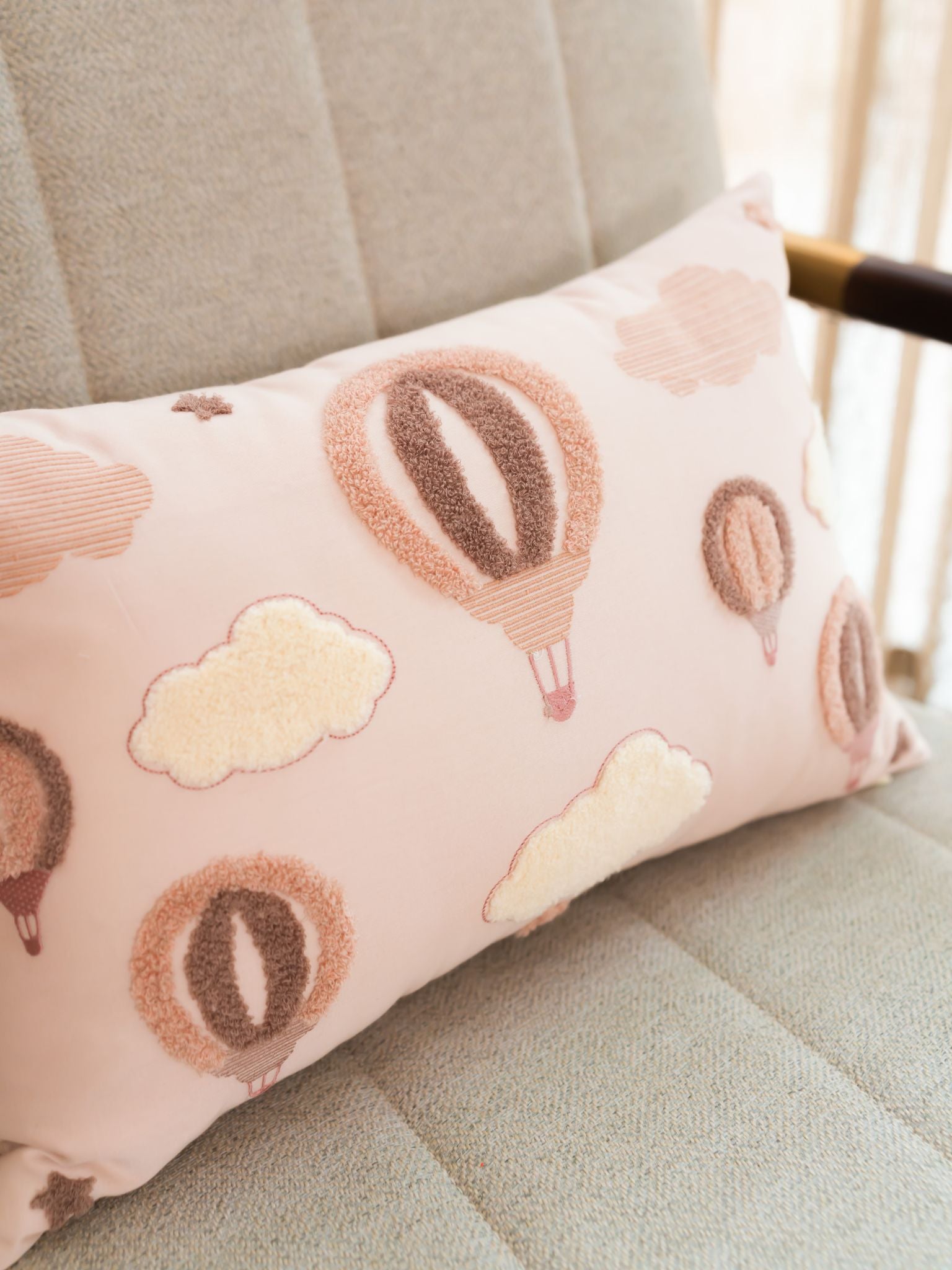 Up & Away Cotton Embroidered Buff Cushion Cover Kids Design 12" X 18"