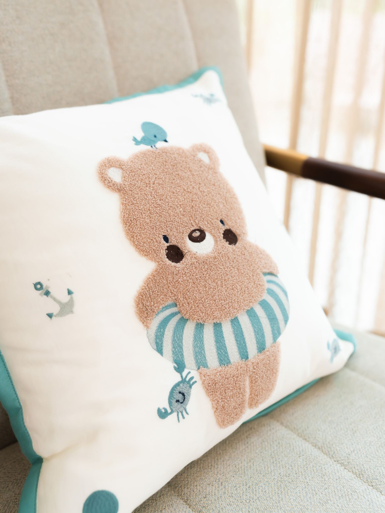 Captain Ahoy Cotton Embroidered Ivory Cushion Cover Kids Design 16" X 16"