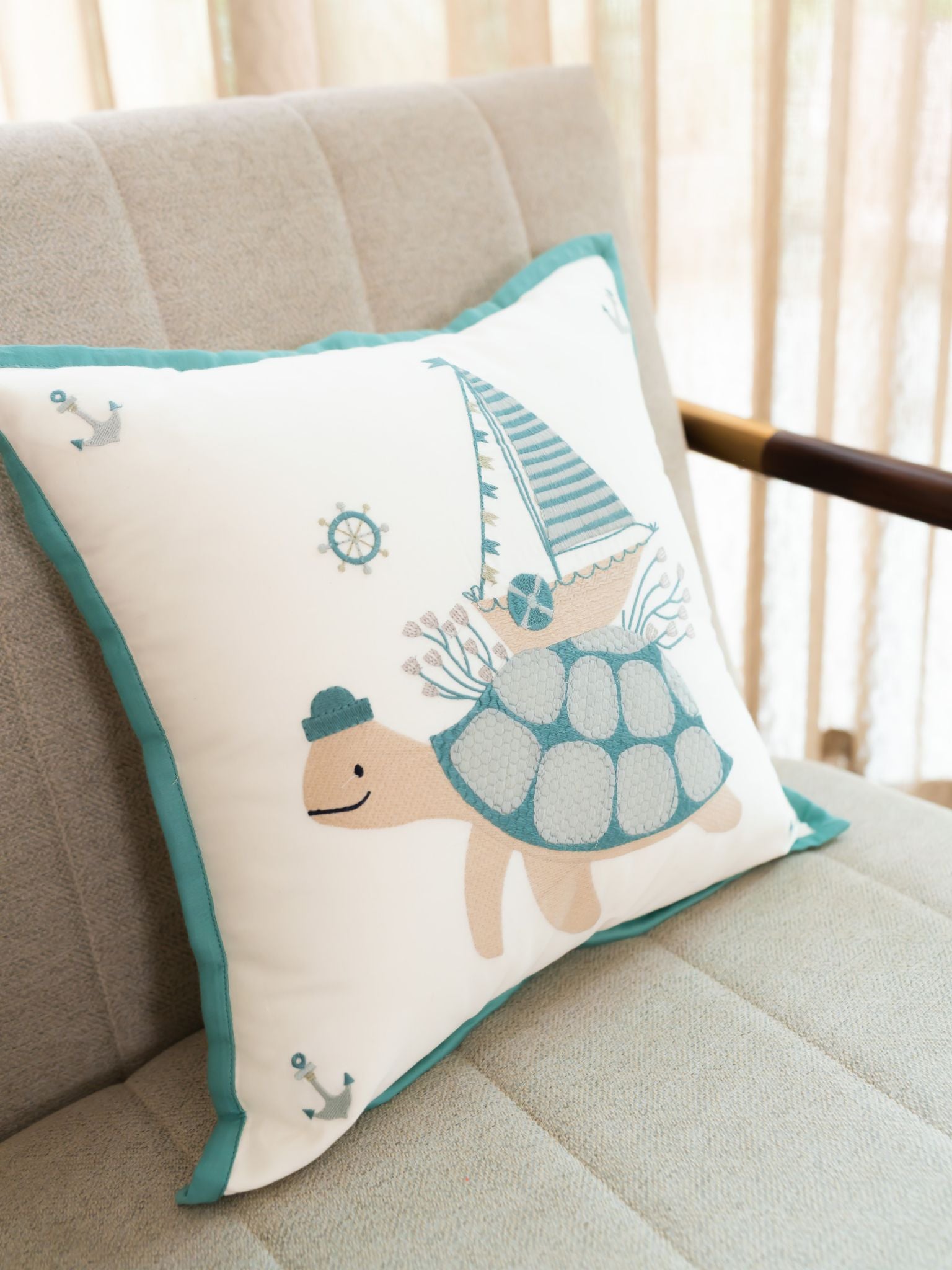 Little Sailor Cotton Embroidered Ivory Cushion Cover Kids Design 16" X 16"