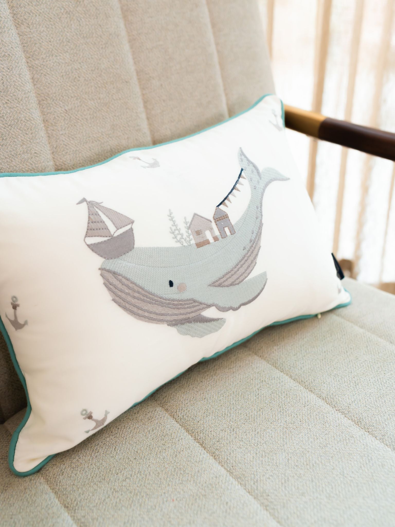 Whimsy Whale Cotton Embroidered Ivory Cushion Cover Kids Design 12" X 18"
