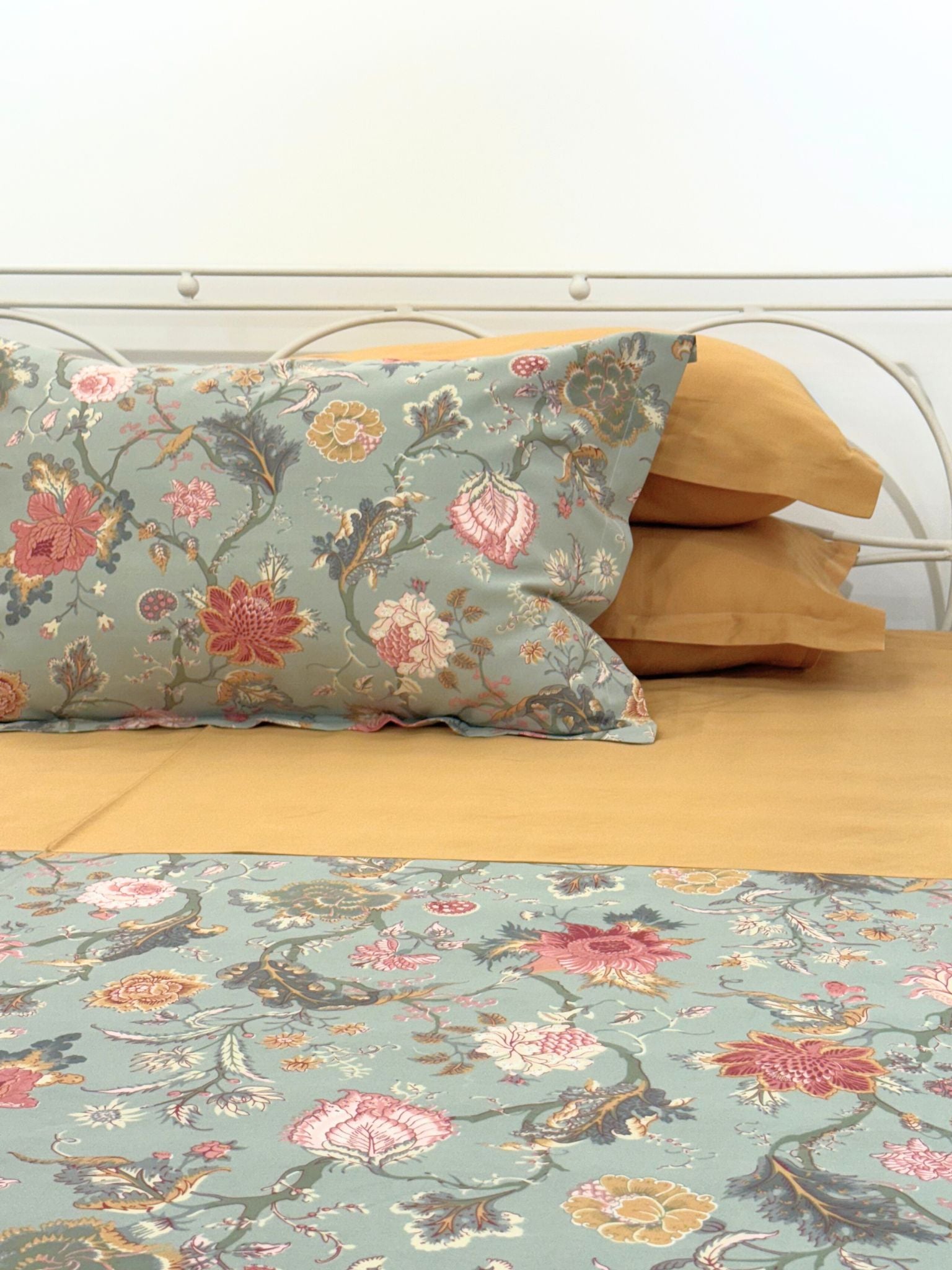 Coco Sage Green and Honey Mustard Cotton 5 PC Bedsheet Set (Print and Solid)