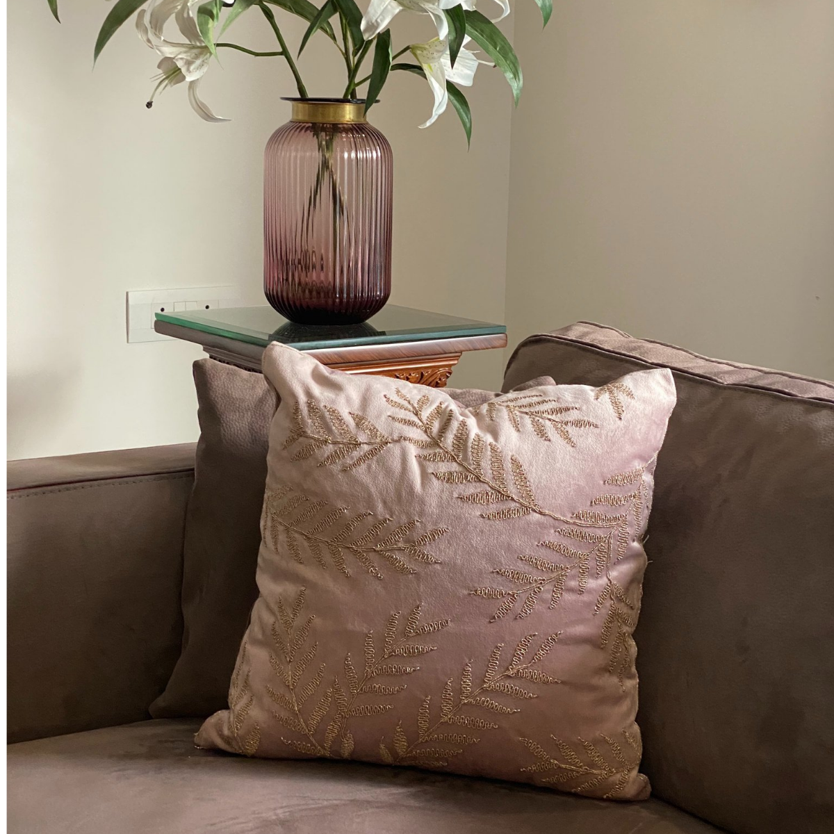 Decorative Frond Onion Pink Velvet Cushion Cover 16x16