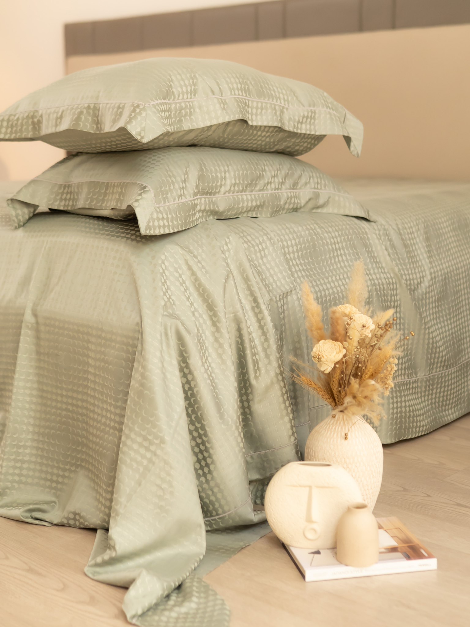 Minted Sage Premium Tencel Jacquard Bedsheet Set with Lace
