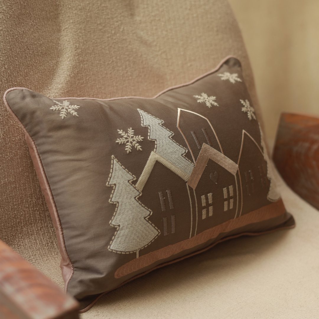 Starlit Christmas Cotton Embroidered Taupe Cushion Cover 12" X 18"