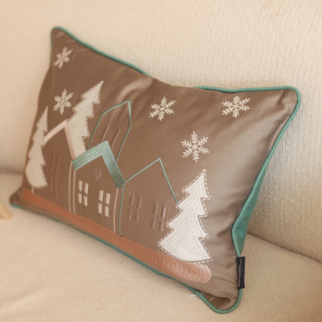 Starlit Christmas Cotton Embroidered Taupe Cushion Cover 12" X 18"