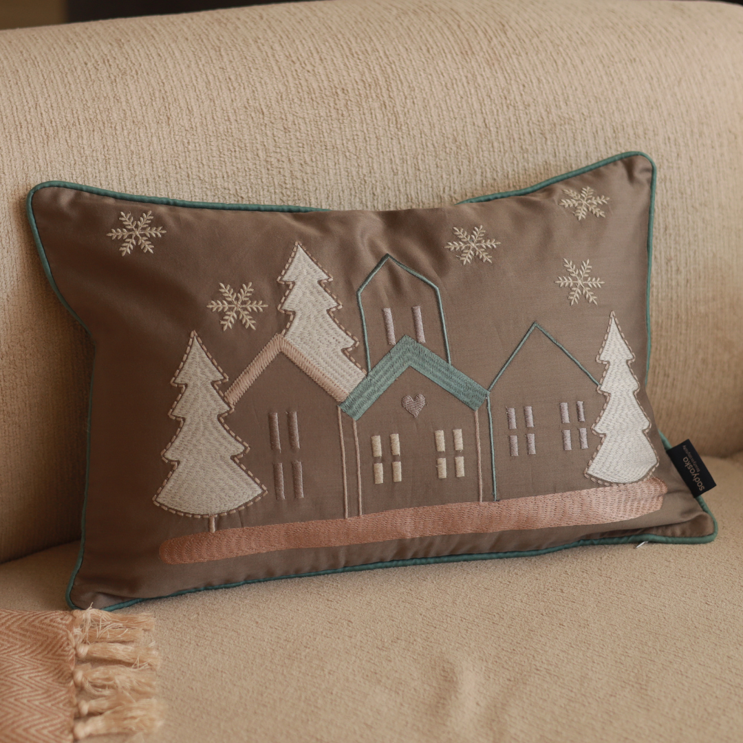 Starlit Christmas Cotton Embroidered Taupe Cushion Cover 12" X 18"