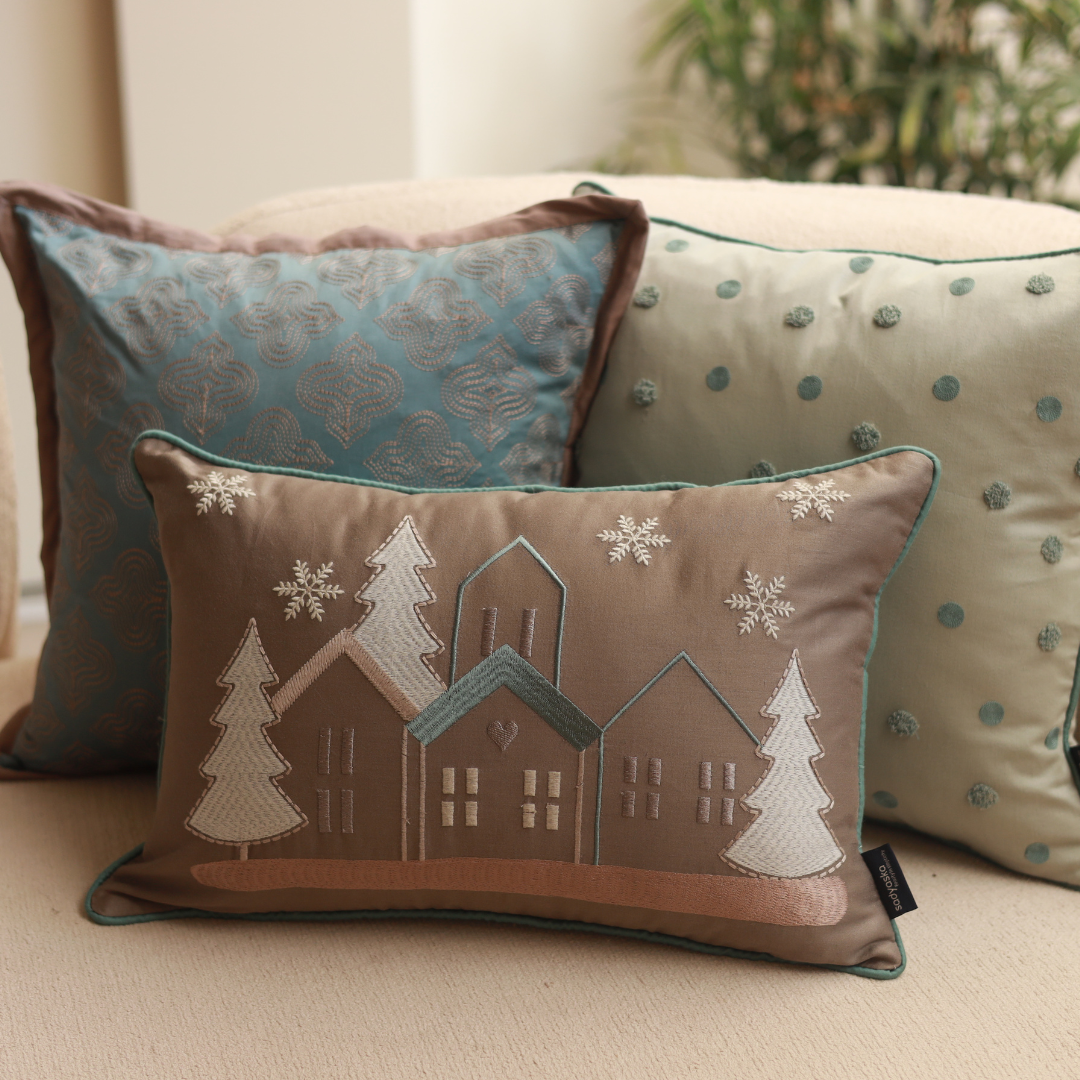 Starlit Christmas Cotton Embroidered Taupe Cushion Cover 12" X 18"