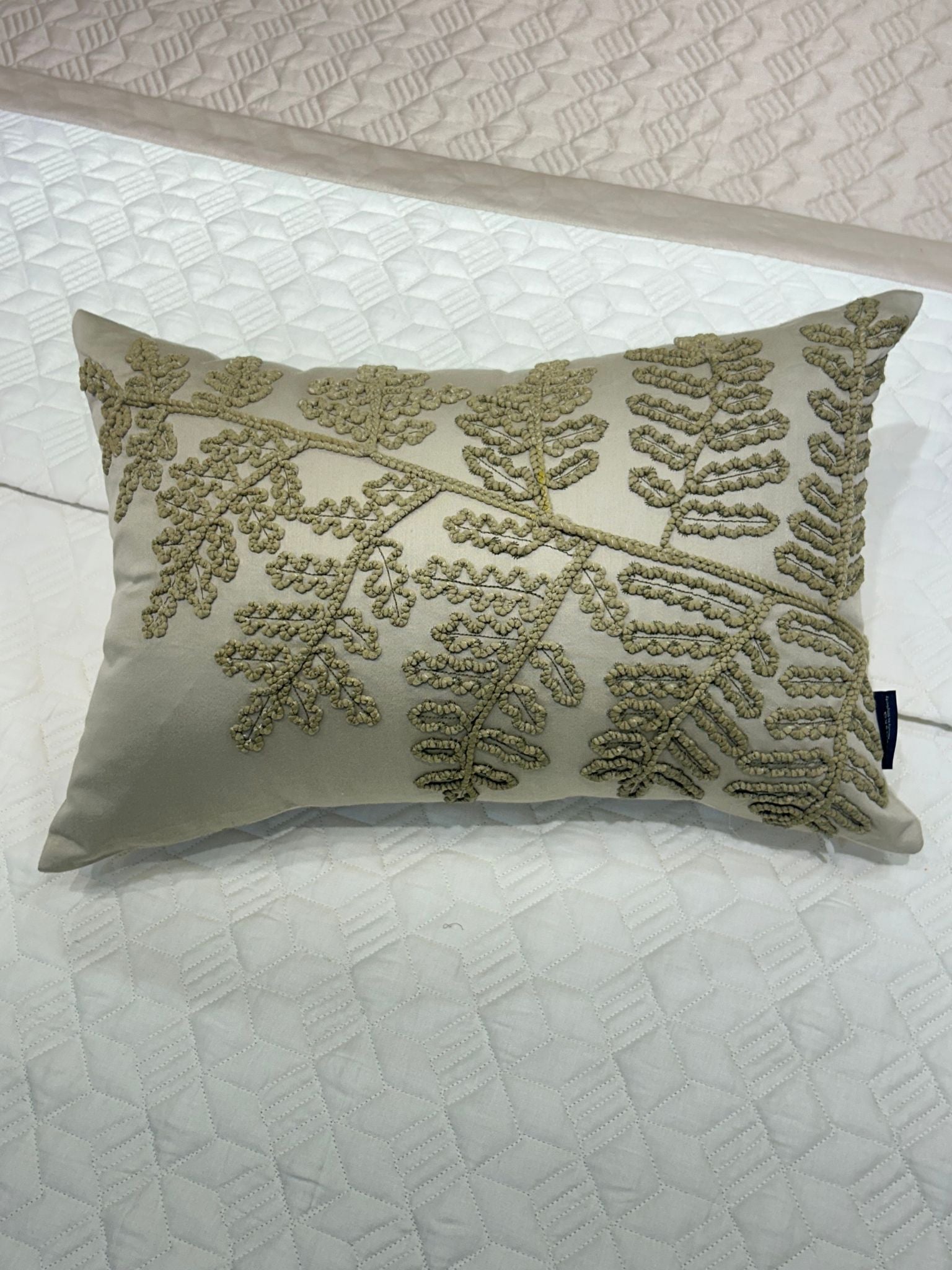 Foliage Haven Cotton Embroidered Beige Cushion Cover 12" X 18"