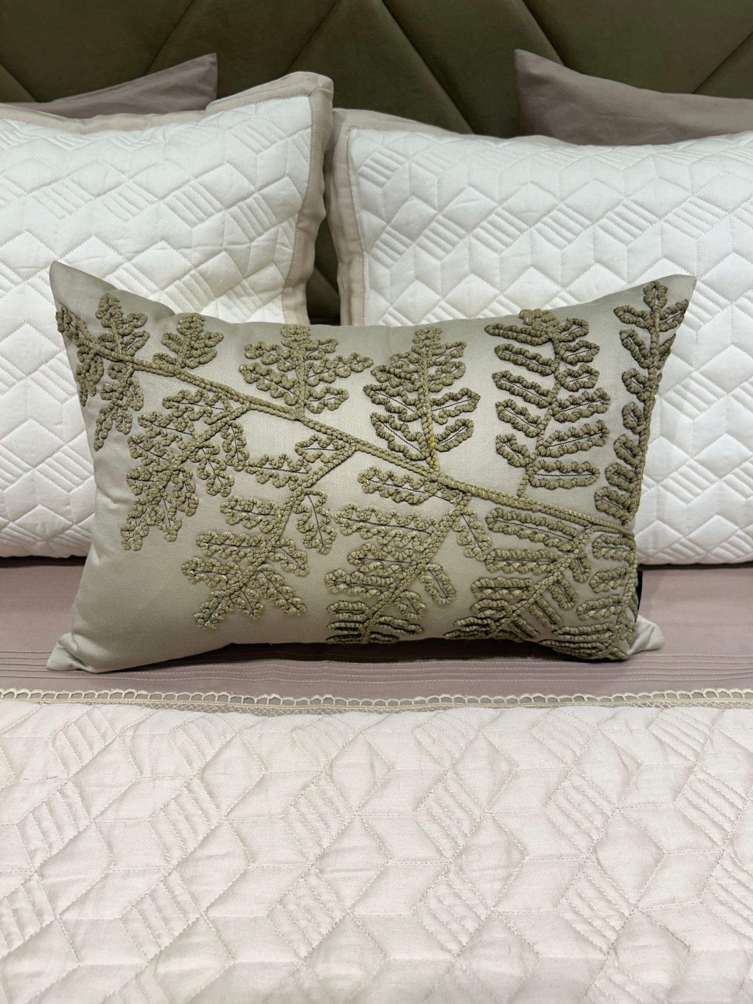Foliage Haven Cotton Embroidered Beige Cushion Cover 12" X 18"