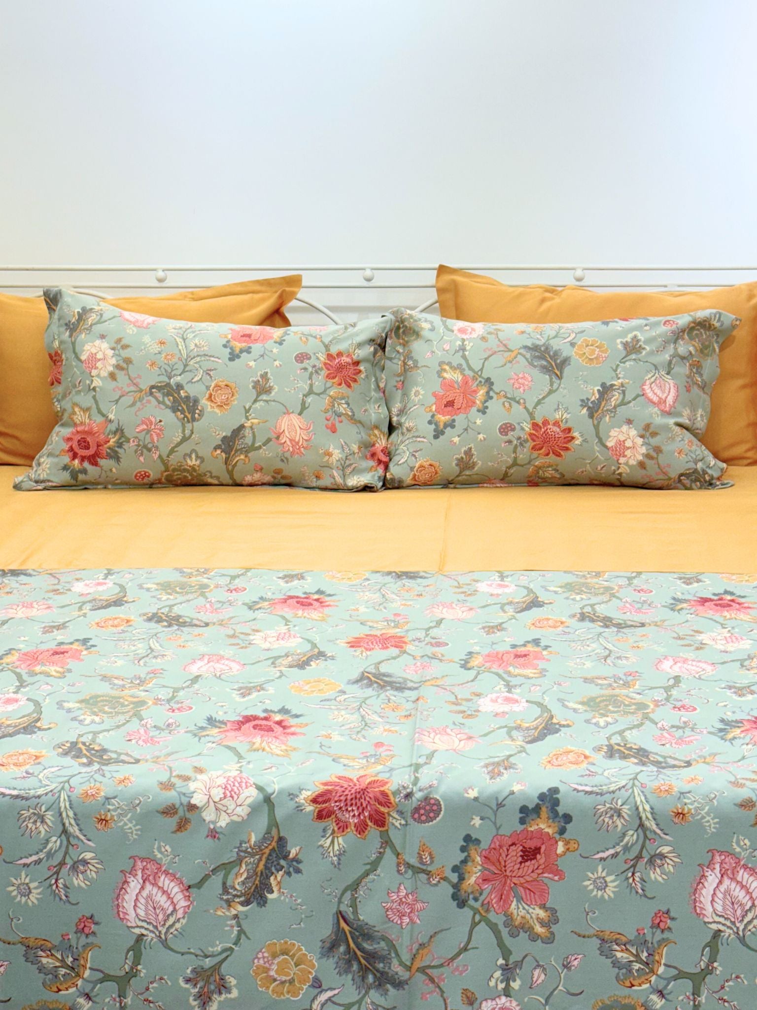 Coco Sage Green and Honey Mustard Cotton 5 PC Bedsheet Set (Print and Solid)