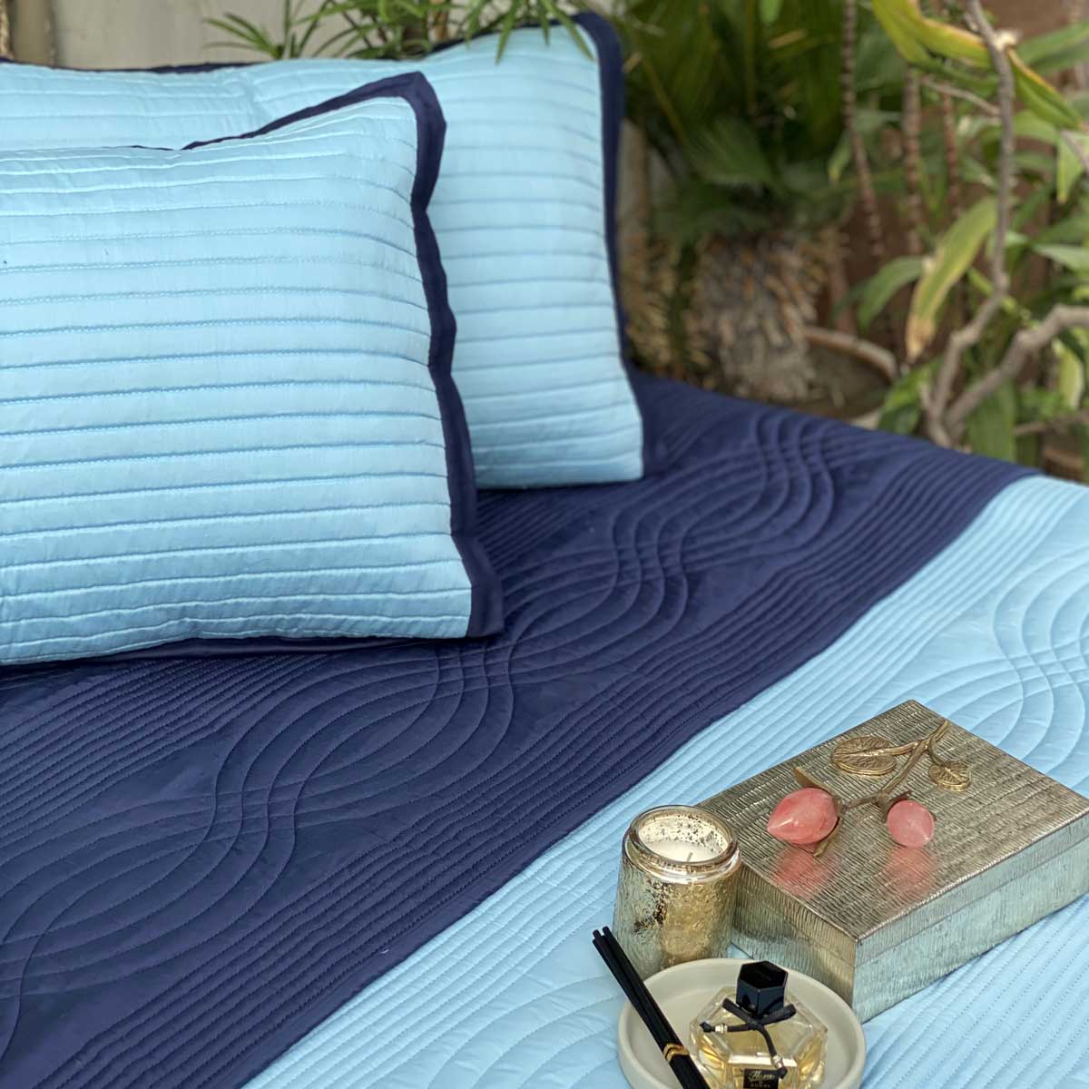 Florence Sky Blue & Navy Reversible Bedspread