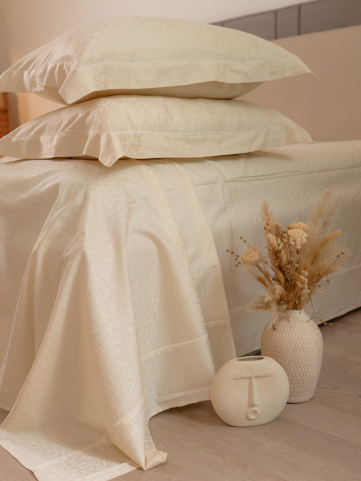 Vanilla Frost Premium Tencel Jacquard Bedsheet Set with Lace