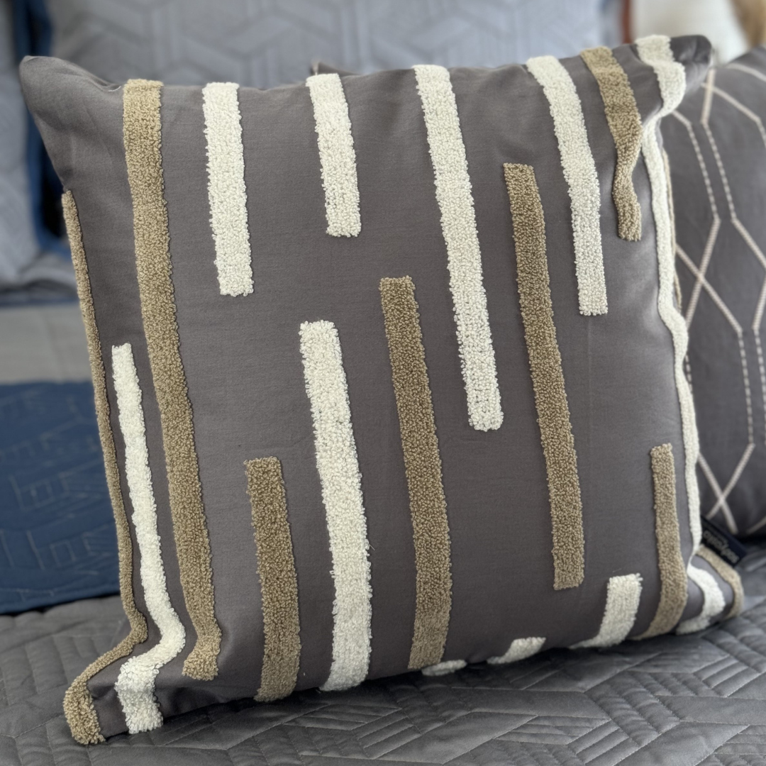 Sleek Lines Cotton Embroidered Dark Grey Cushion Cover 16" X 16"