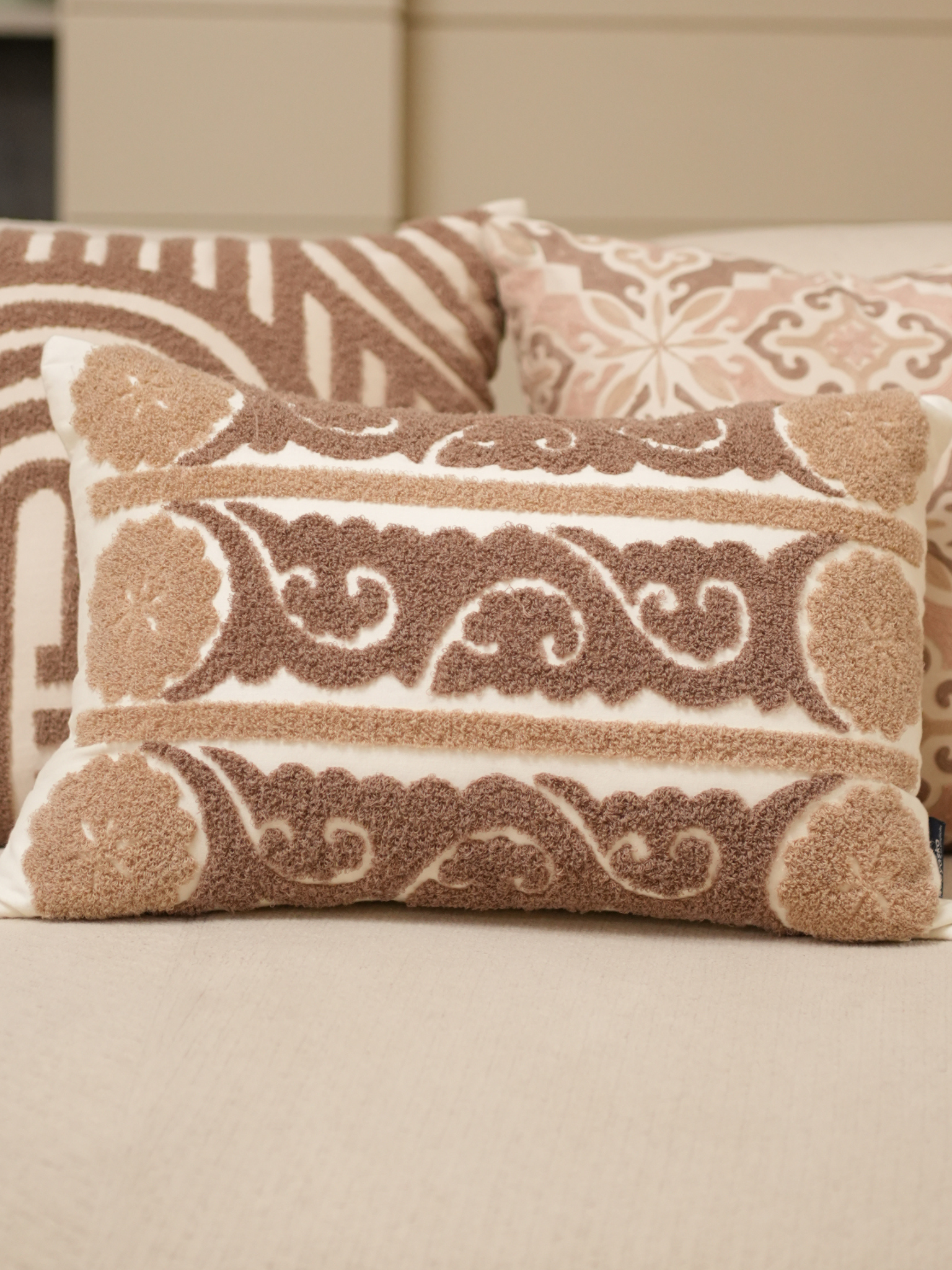 Fantasia Oats Beige Deco Cotton Embroidered Cushion Cover 12" X 18"