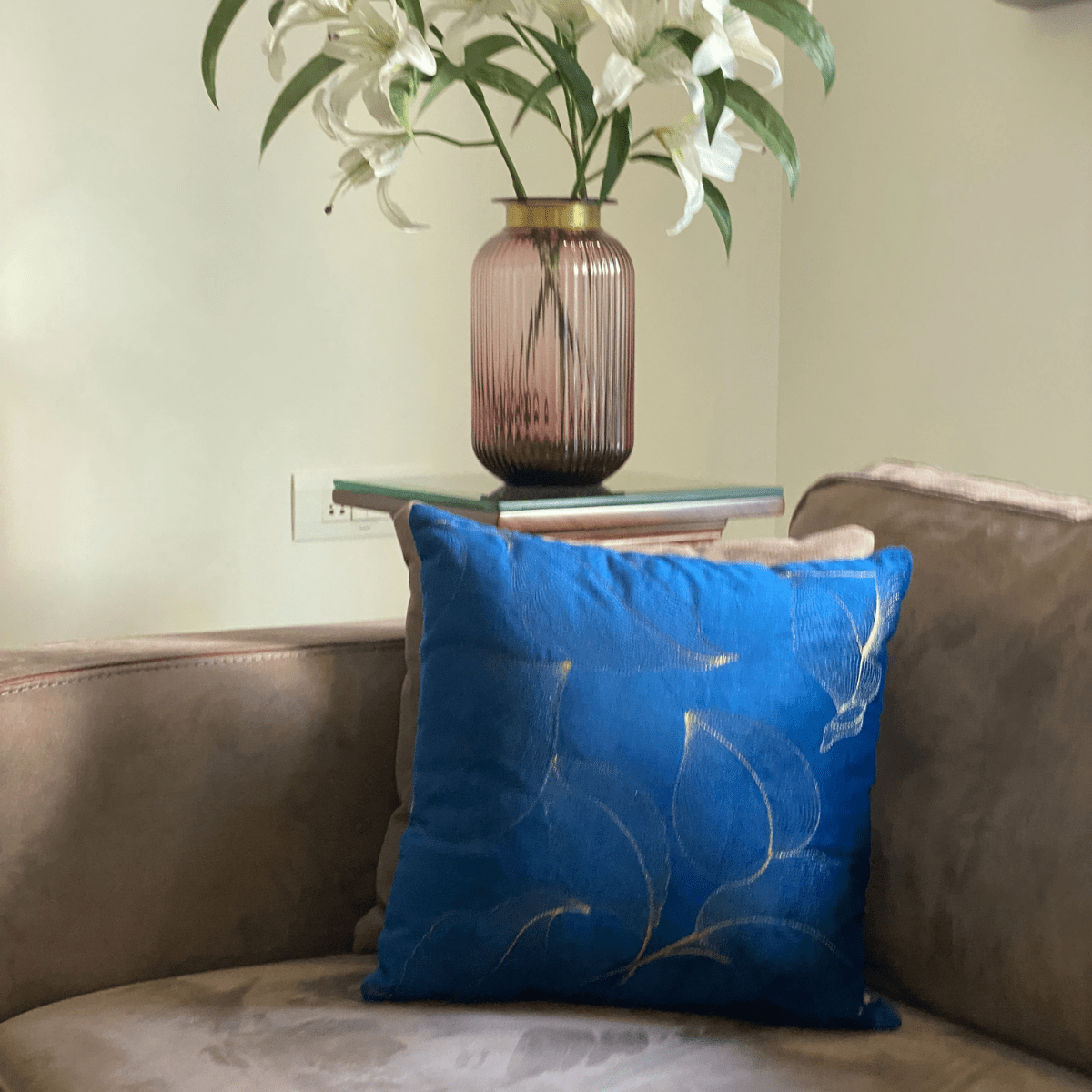 Decorative Leaf Navy Velvet Cushion Cover 16x16