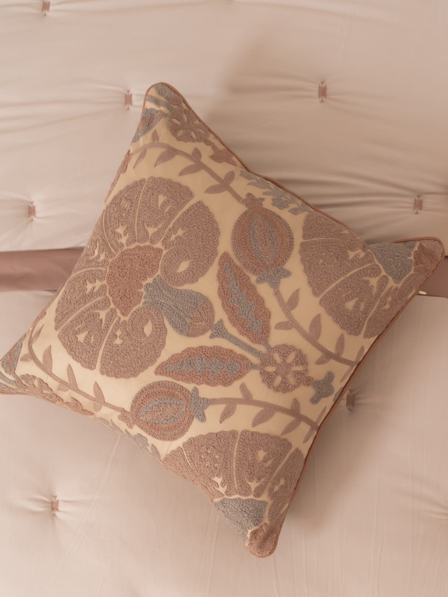 Bonica Beige Cotton Embroidered Cushion Cover 16" X 16"