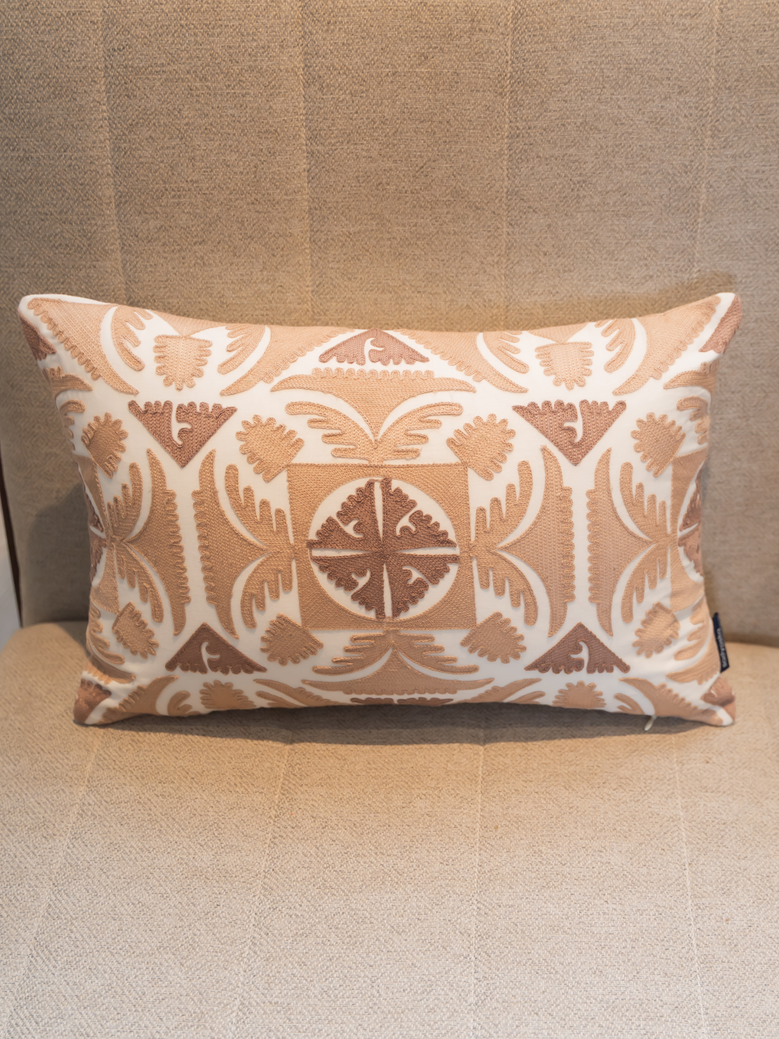 Dune Oats Beige Cotton Embroidered Cushion Cover 12" X 18"
