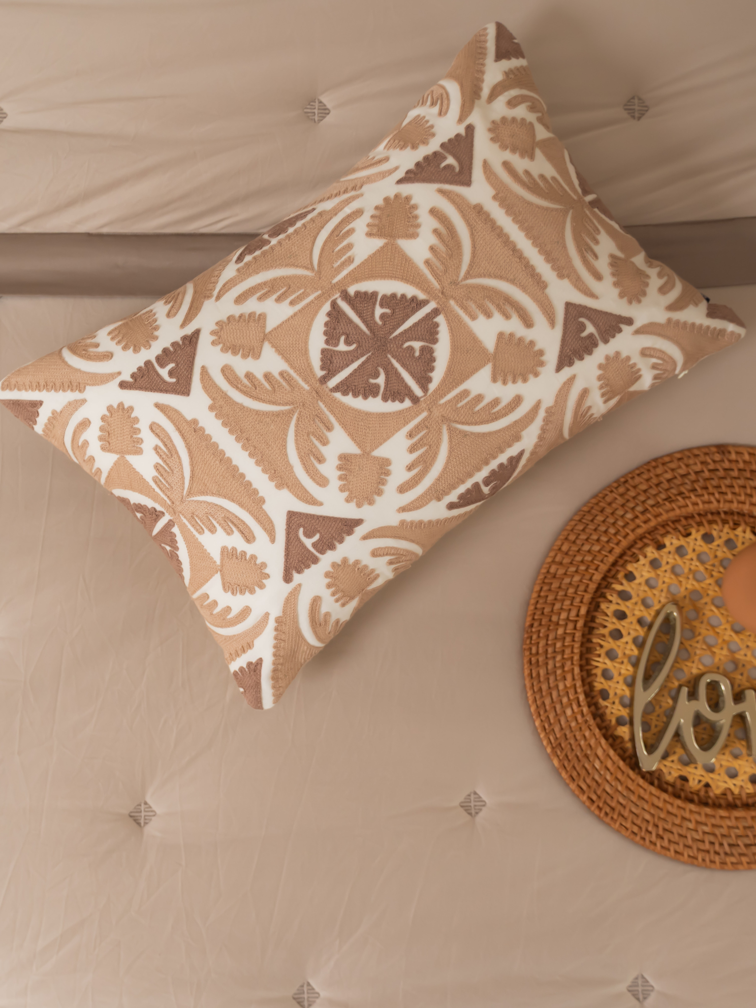 Dune Oats Beige Cotton Embroidered Cushion Cover 12" X 18"