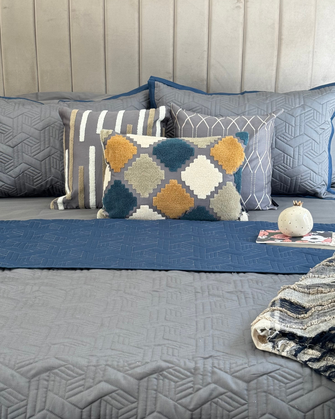 Quilted Navy and Dark Grey Camille Reversible Bedspread