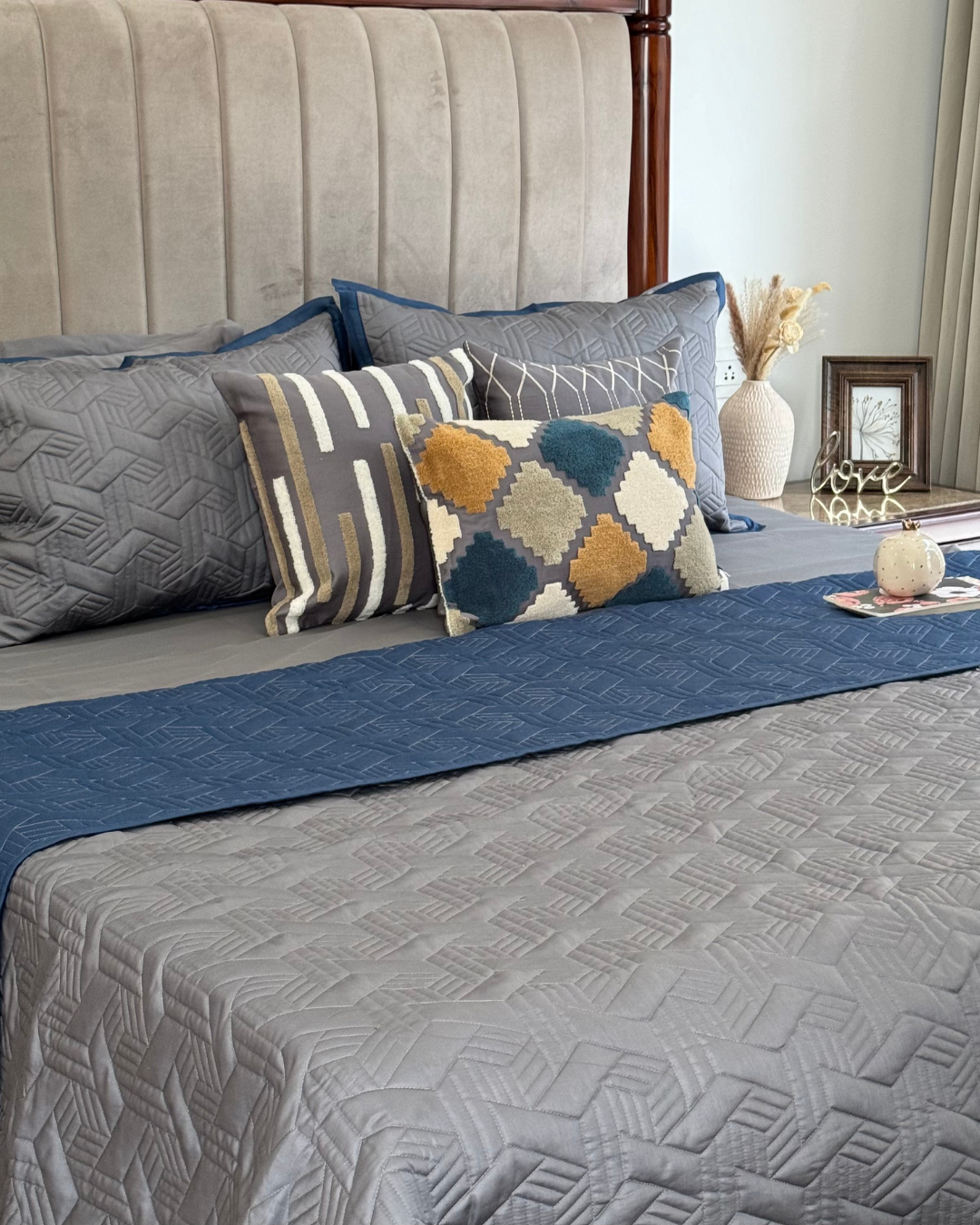 Quilted Navy and Dark Grey Camille Reversible Bedspread