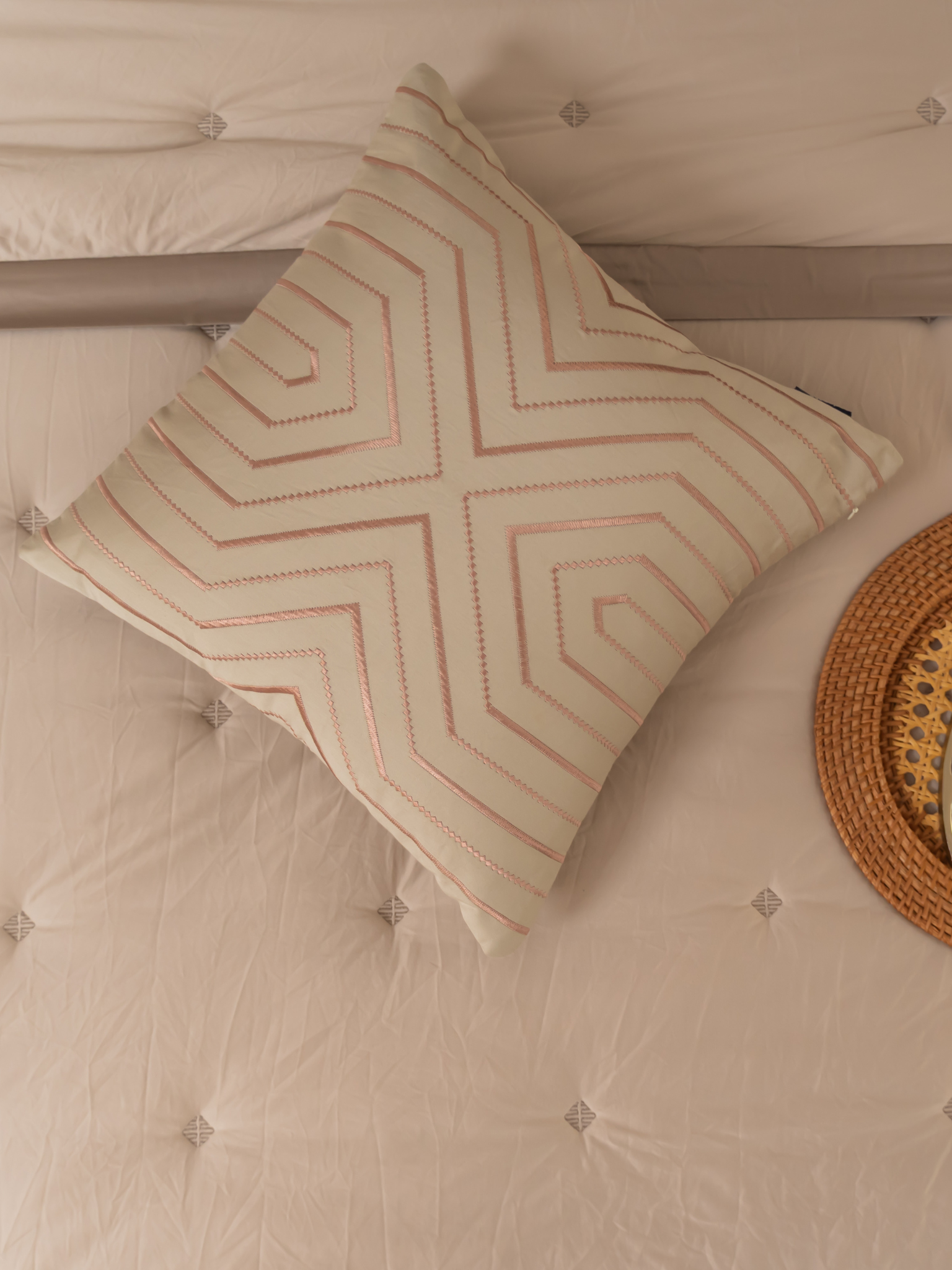 Nessel Beige Cotton Embroidered Cushion Cover 16" X 16"