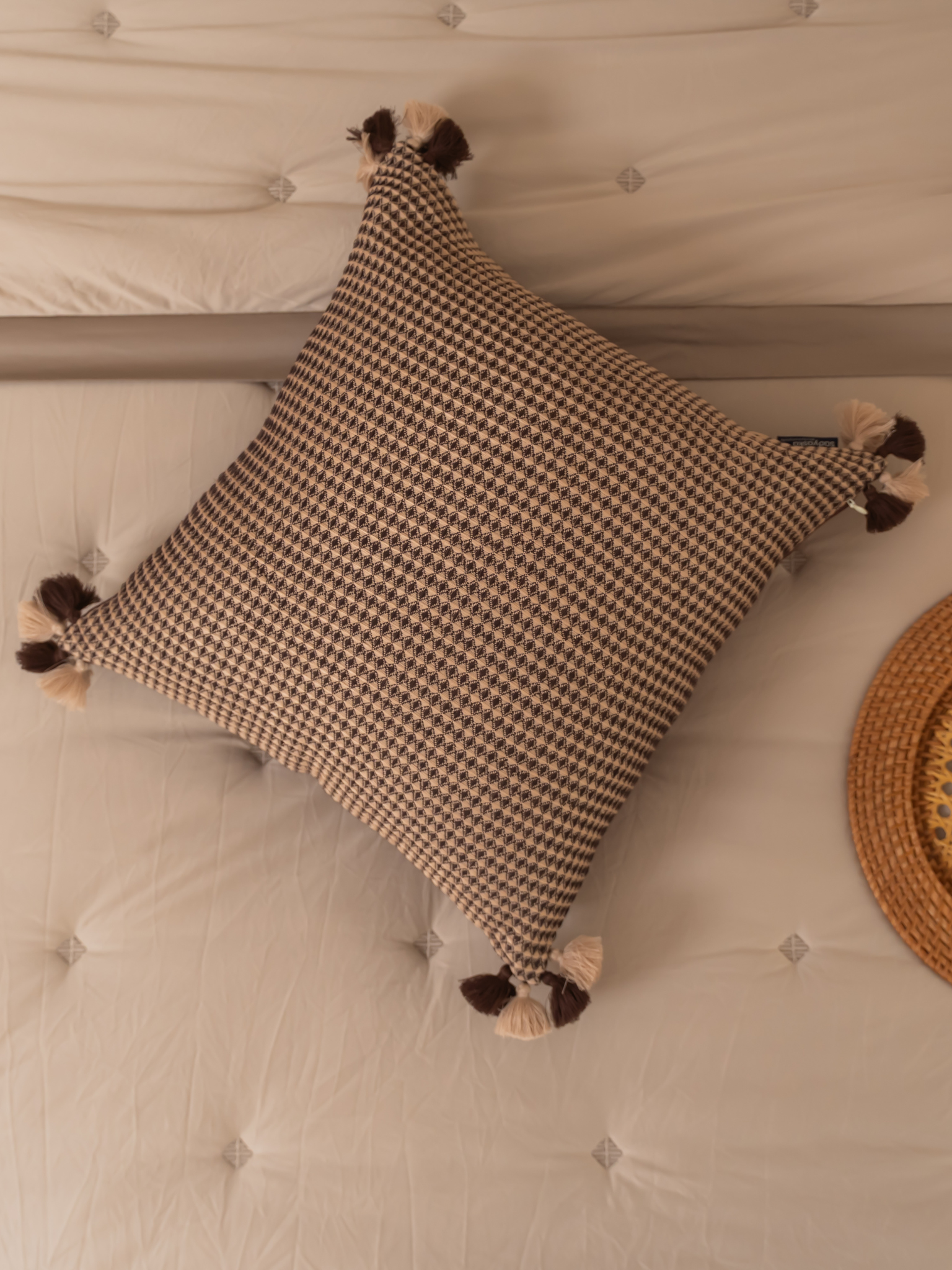 Noir Coffee Textured Woven Cushion Cover with Tassels 16" X 16"