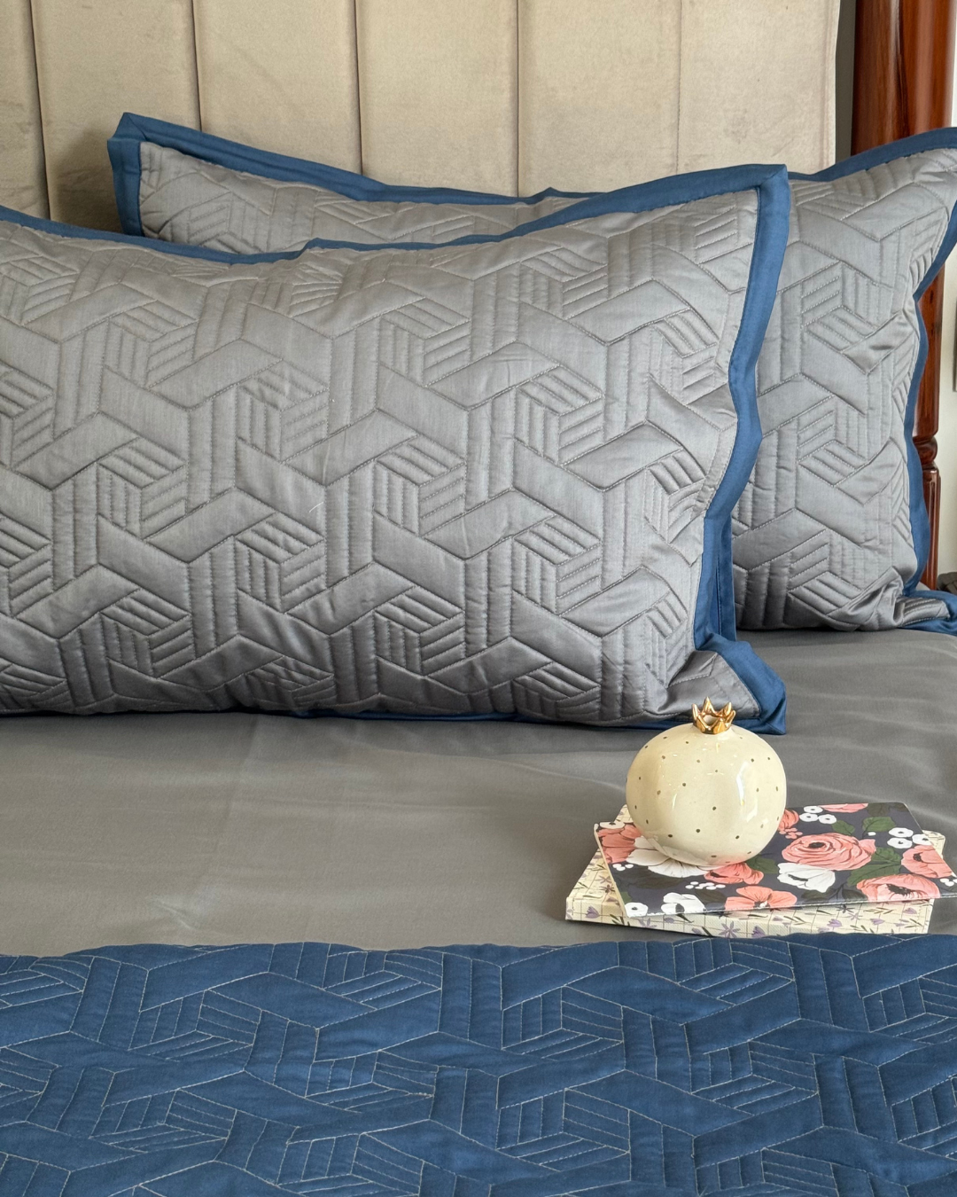 Quilted Navy and Dark Grey Camille Reversible Bedspread