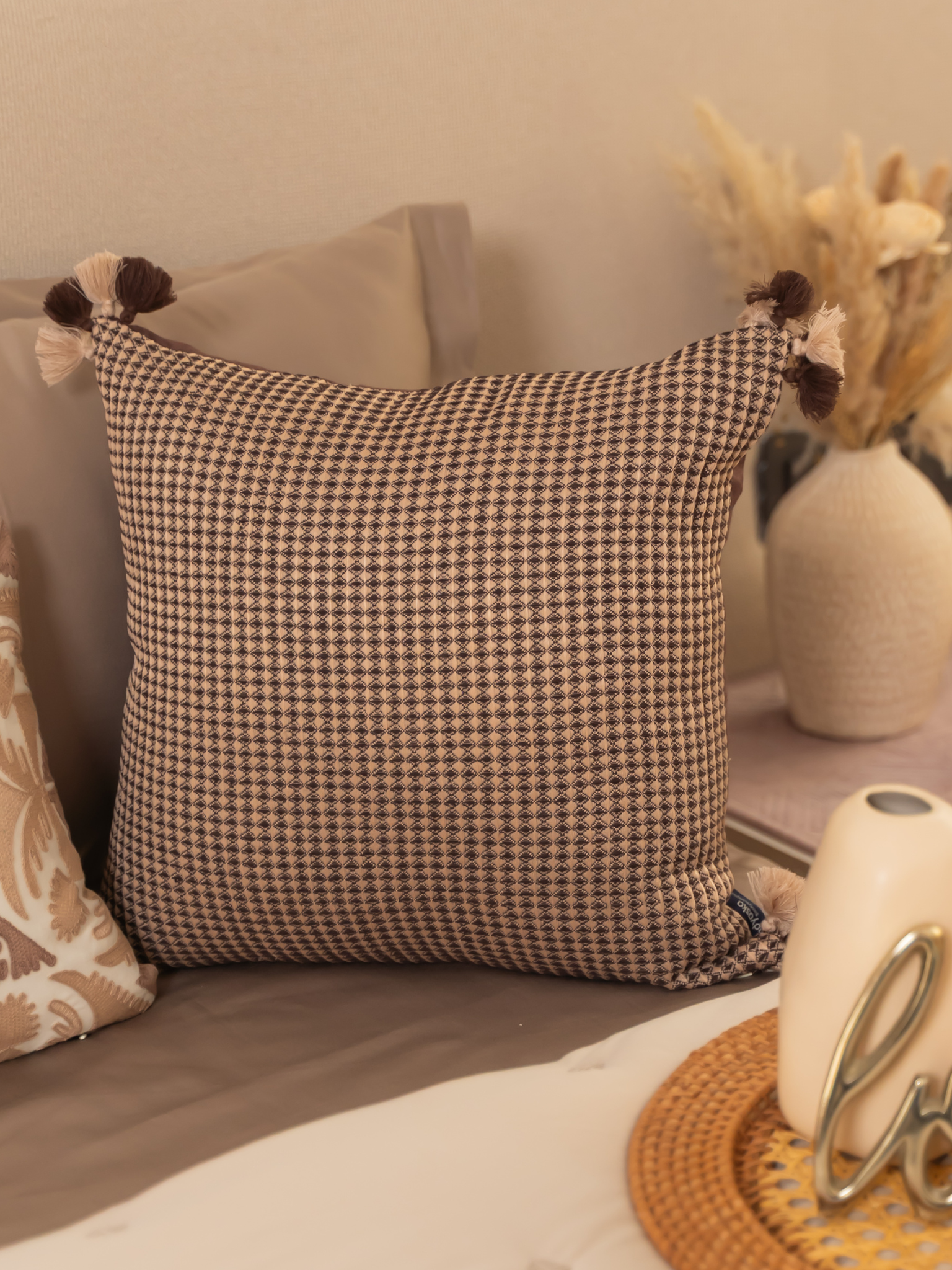 Noir Coffee Textured Woven Cushion Cover with Tassels 16" X 16"