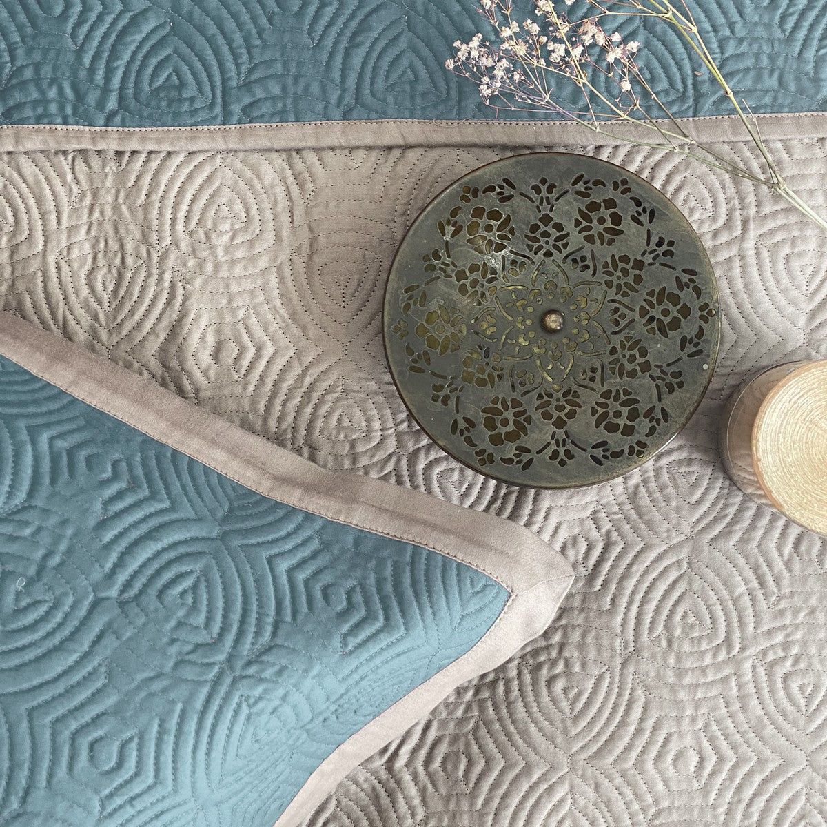Orbit Teal and Taupe Reversible Bedspread