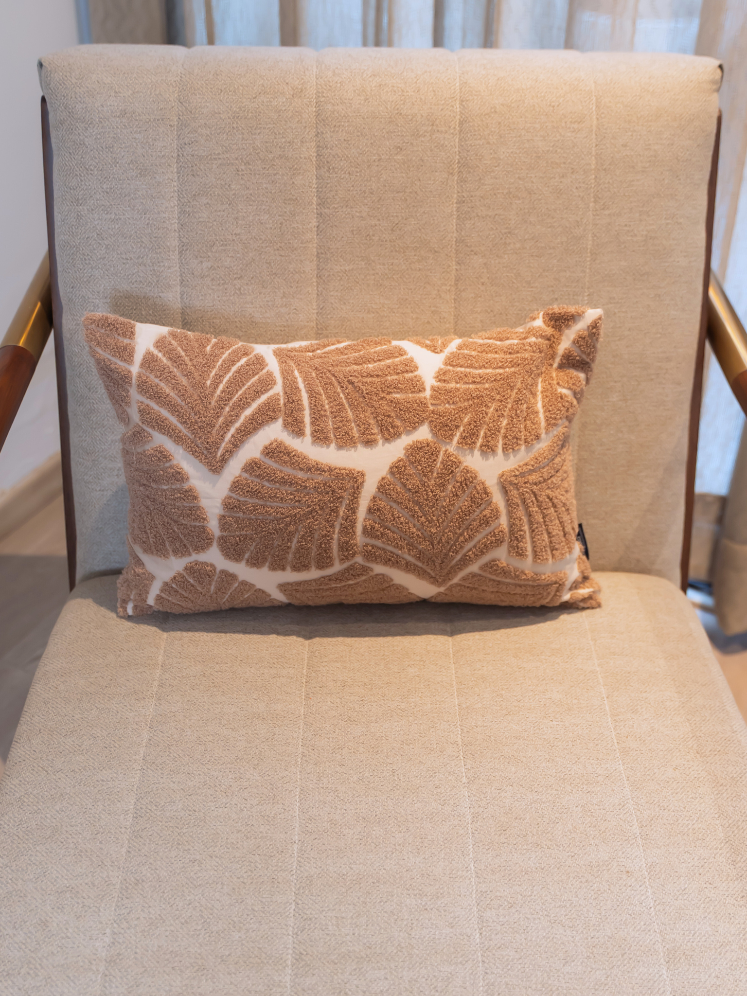 Kama Oats Beige Cotton Embroidered Cushion Cover 12" X 18"