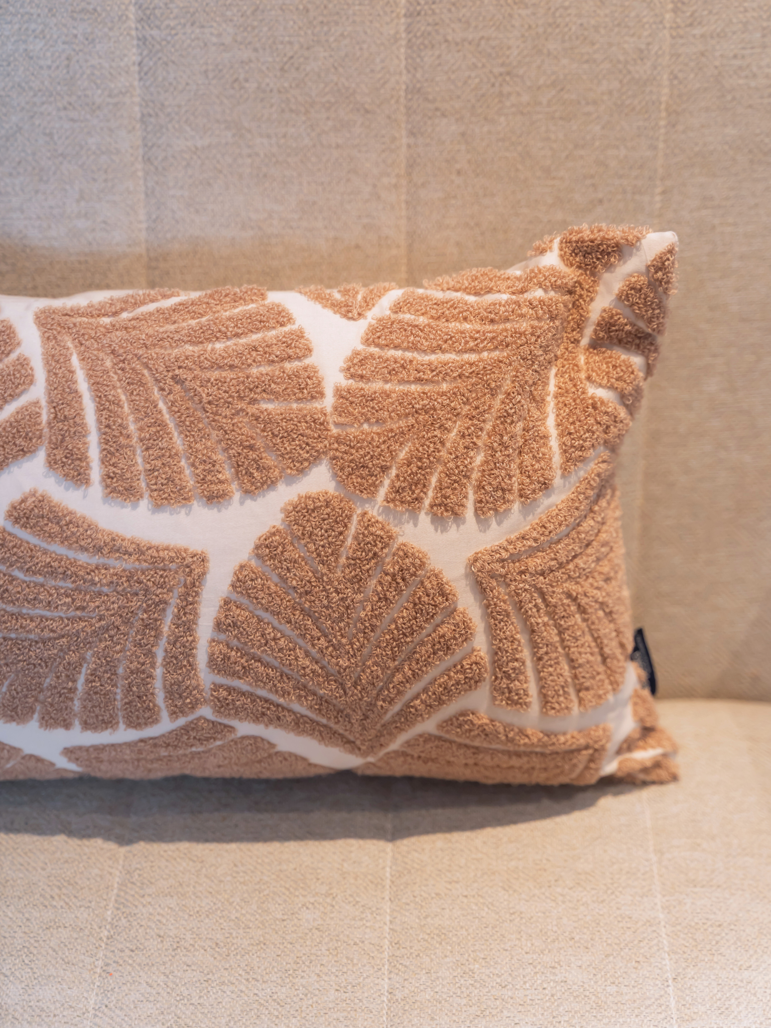 Kama Oats Beige Cotton Embroidered Cushion Cover 12" X 18"