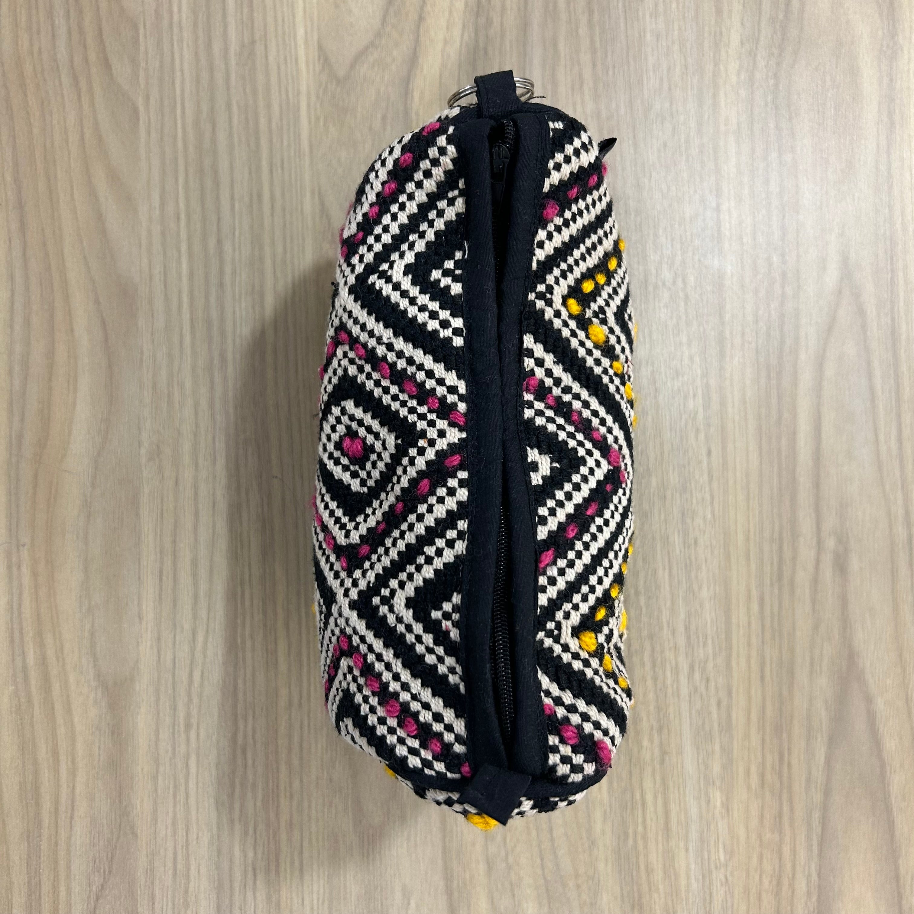 Black and White (Yellow - Pink) Cotton Medium Size Woven Wedding Jewelry Pouch / Cosmetic / Make Up Case Multifunction Storage