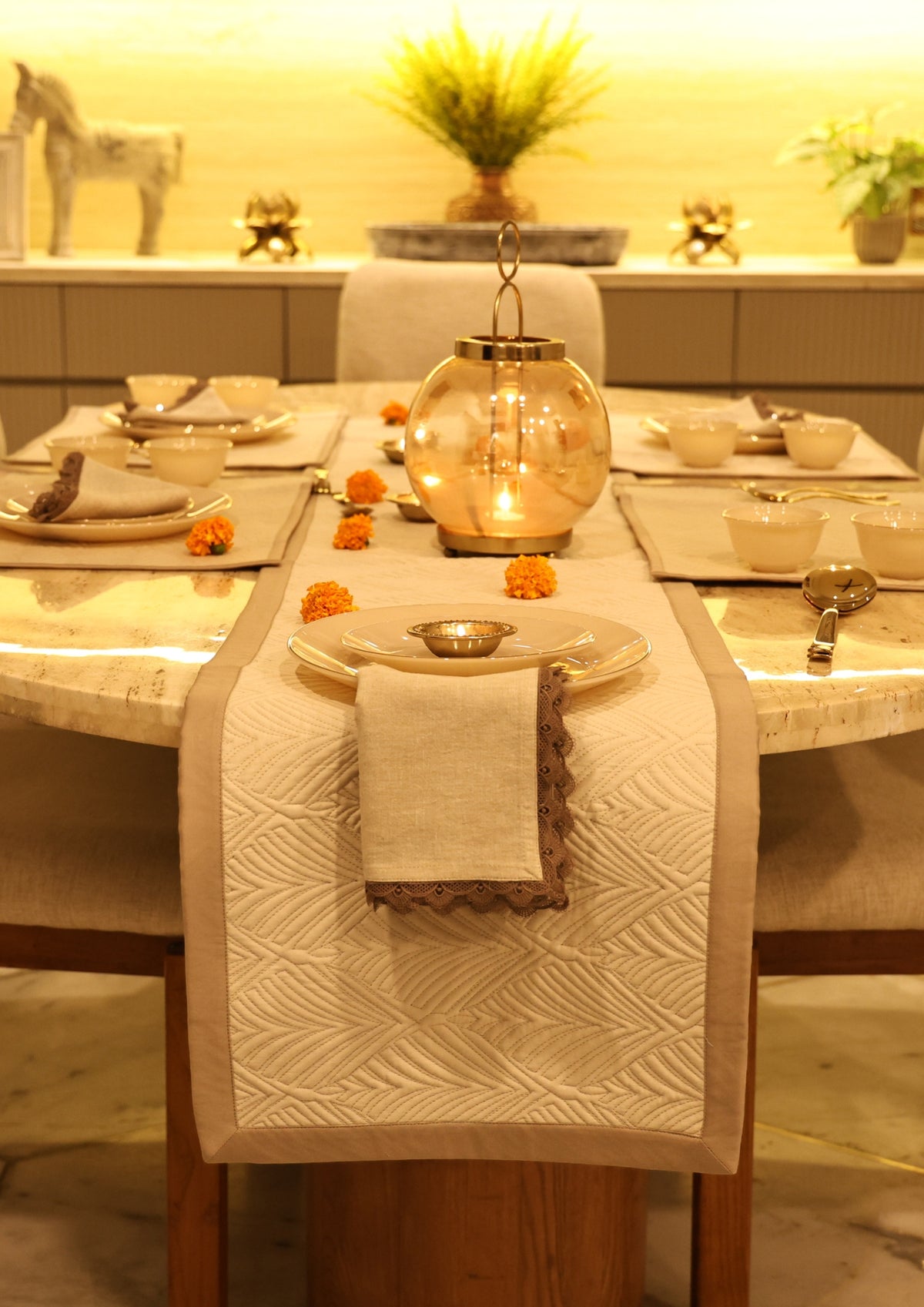 Celine Sand Oats Beige Cotton Quilted Table Linen Set (7 PC Set)