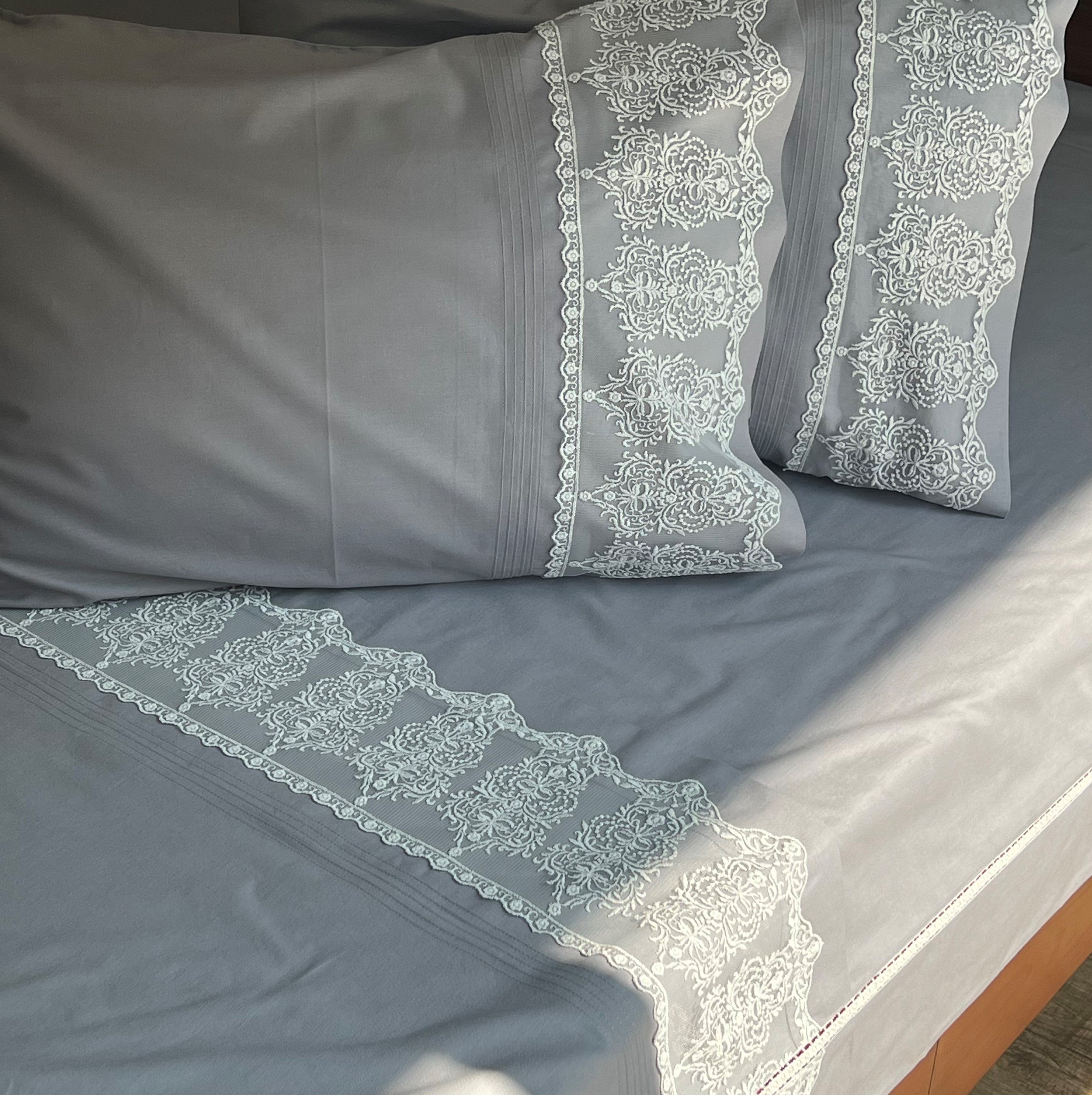 Chantilly Elephant Grey Embroidered Lace Bedsheet Set