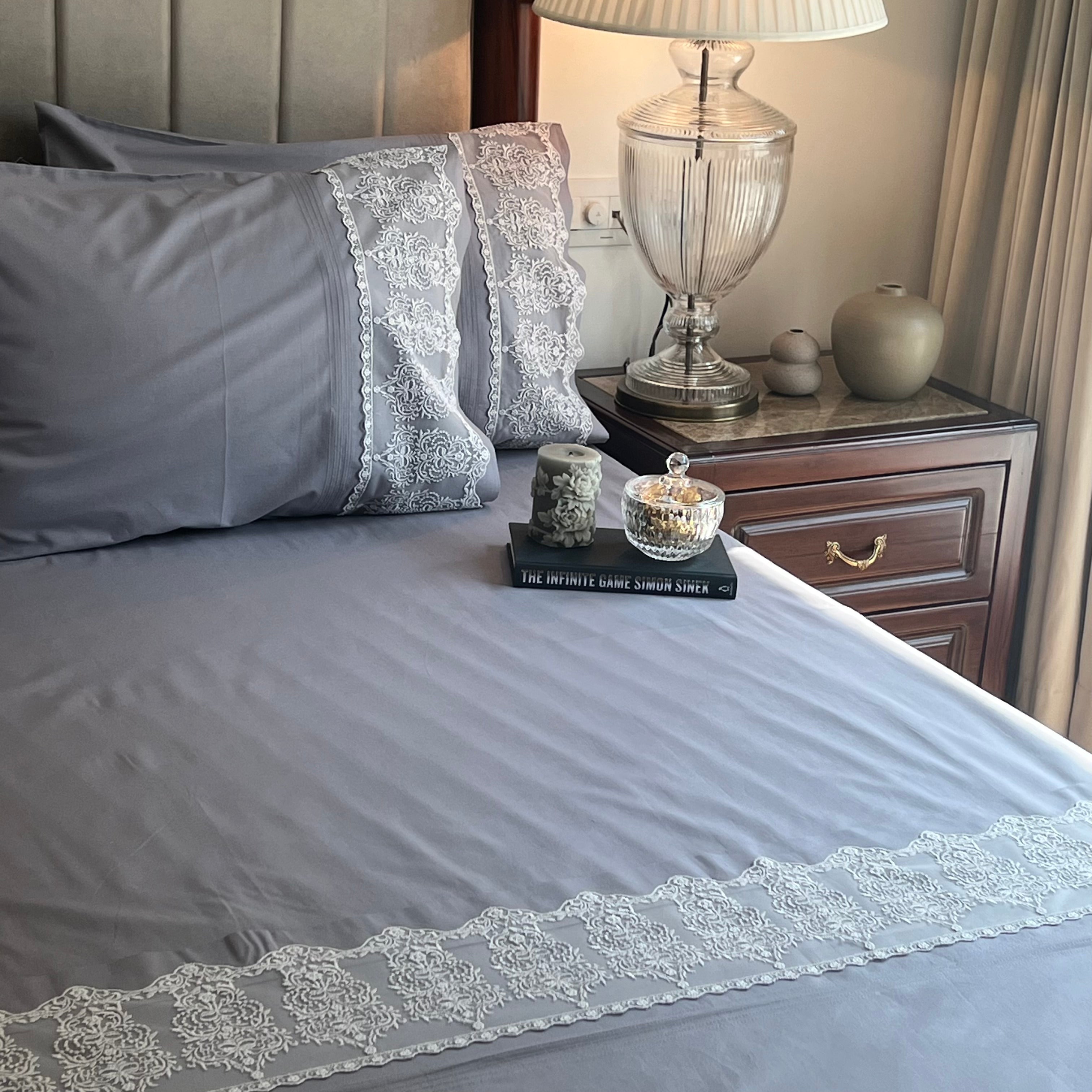 Chantilly Elephant Grey Embroidered Lace Bedsheet Set