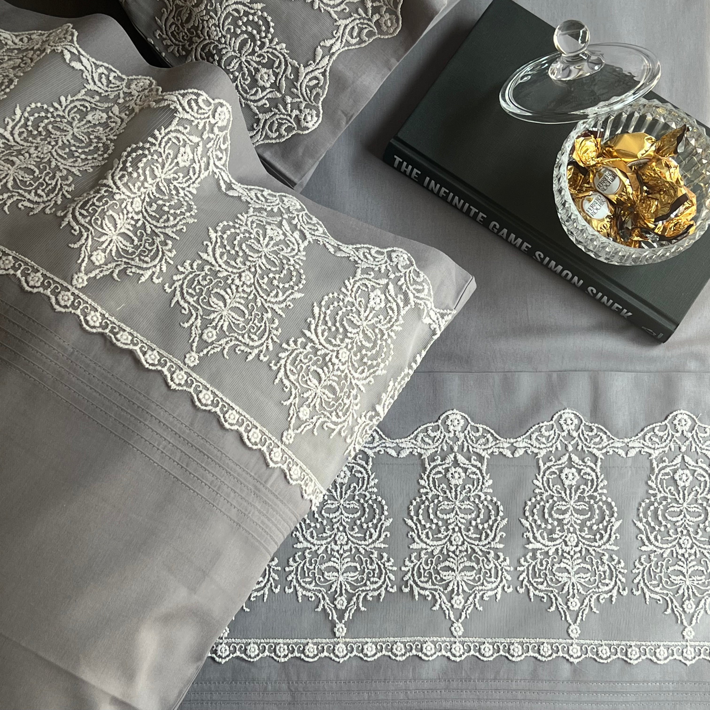 Chantilly Elephant Grey Embroidered Lace Bedsheet Set