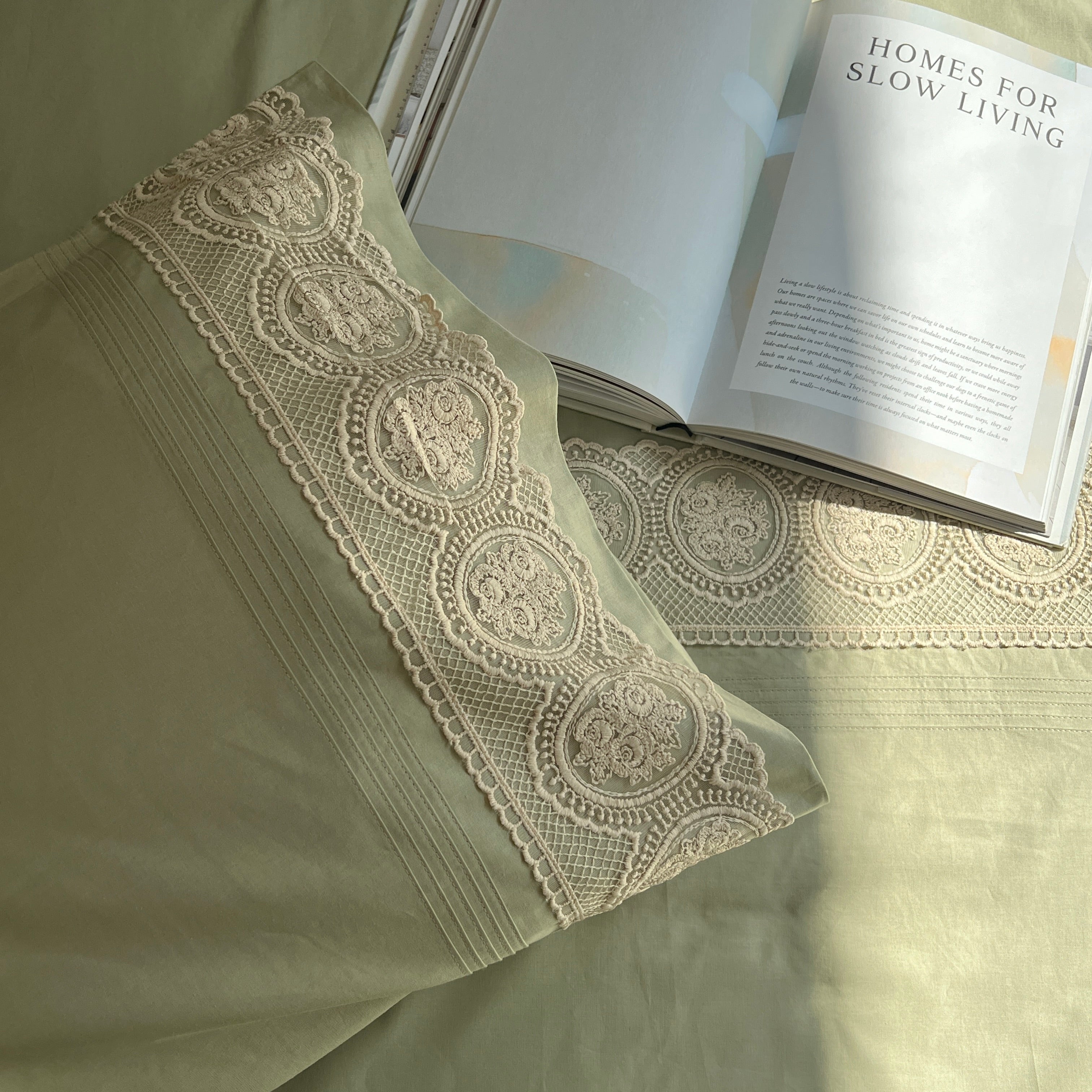 Chantilly Forest Green Embroidered Lace Bedsheet Set