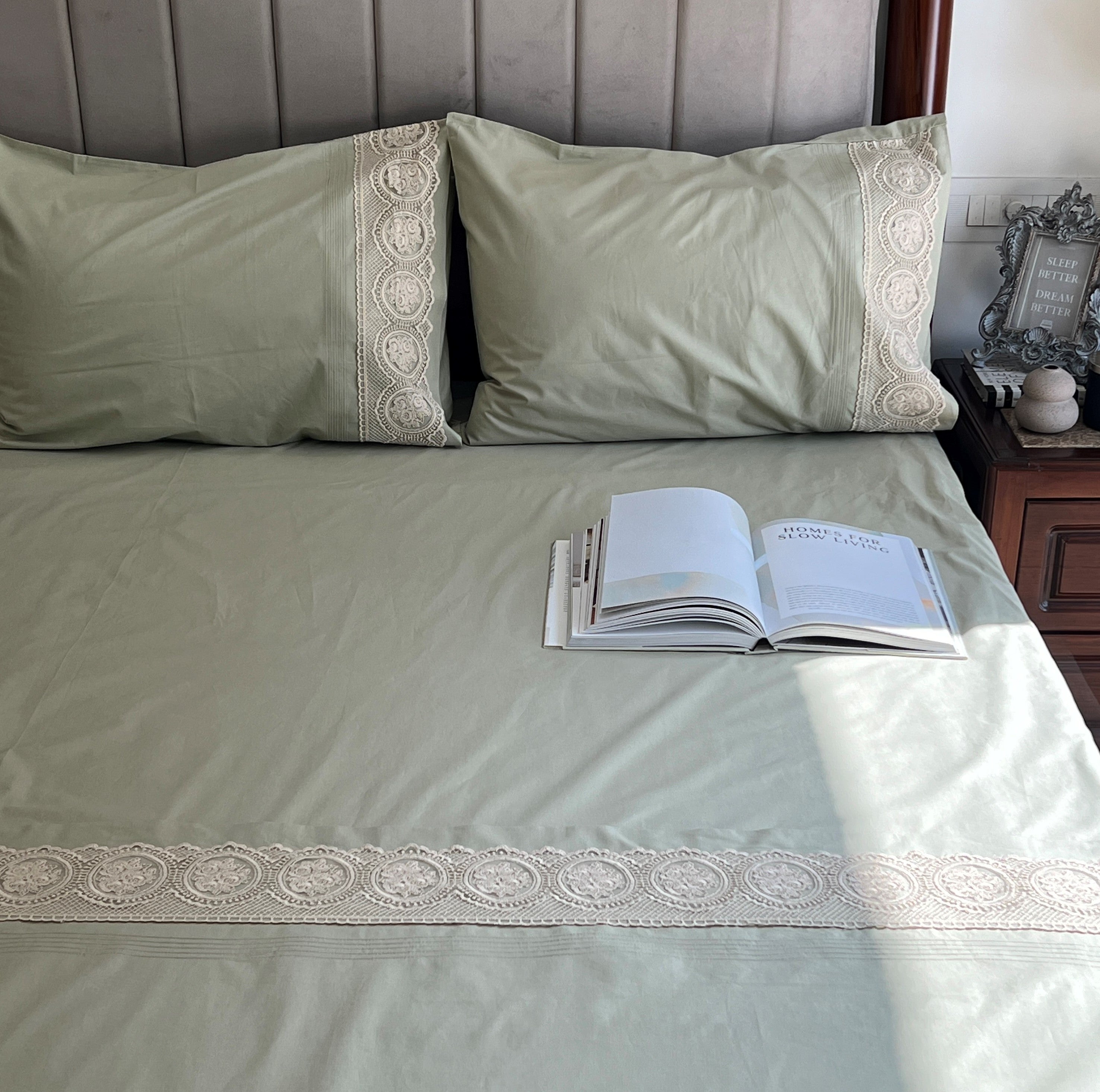 Chantilly Forest Green Embroidered Lace Bedsheet Set