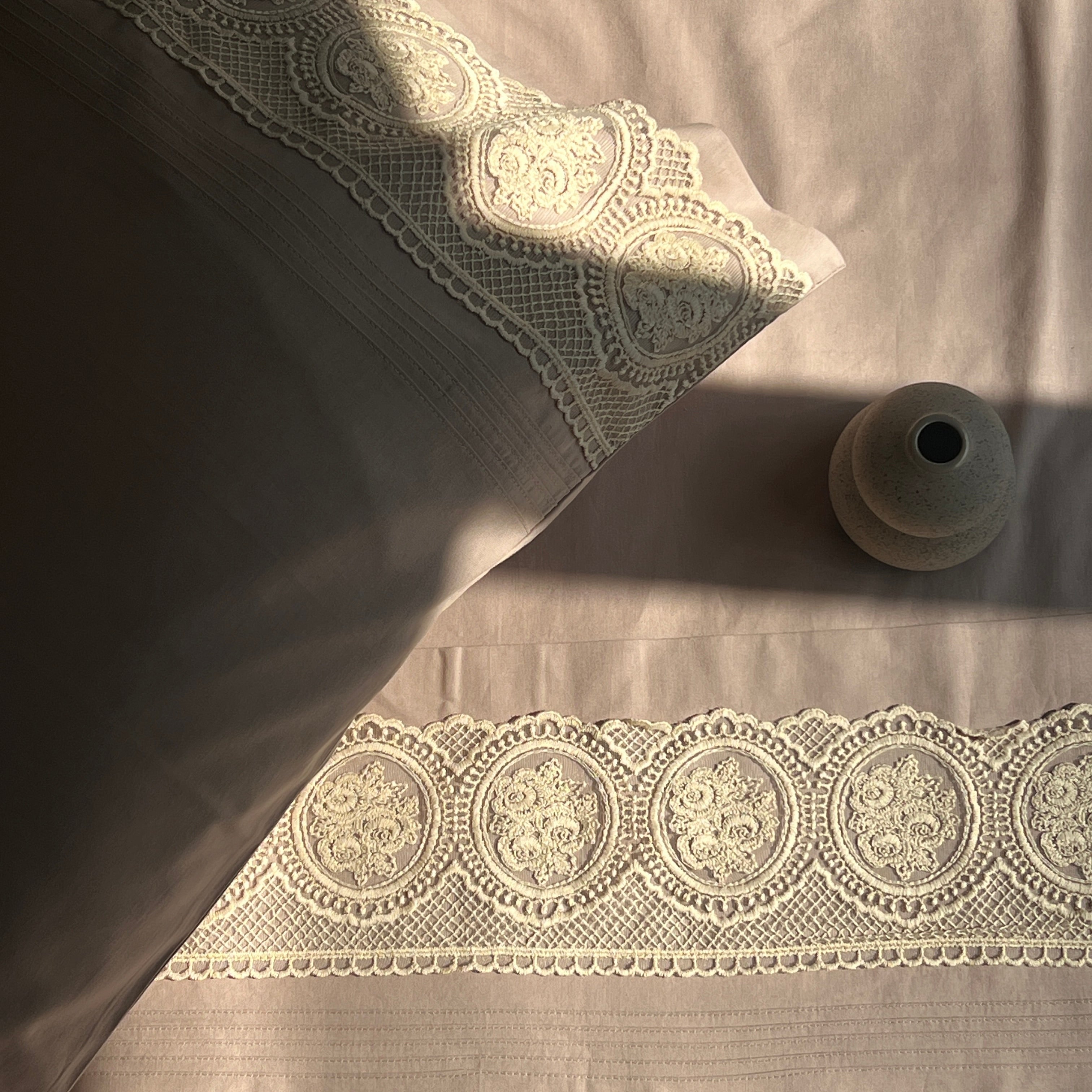 Chantilly Mocha Embroidered Lace Bedsheet Set