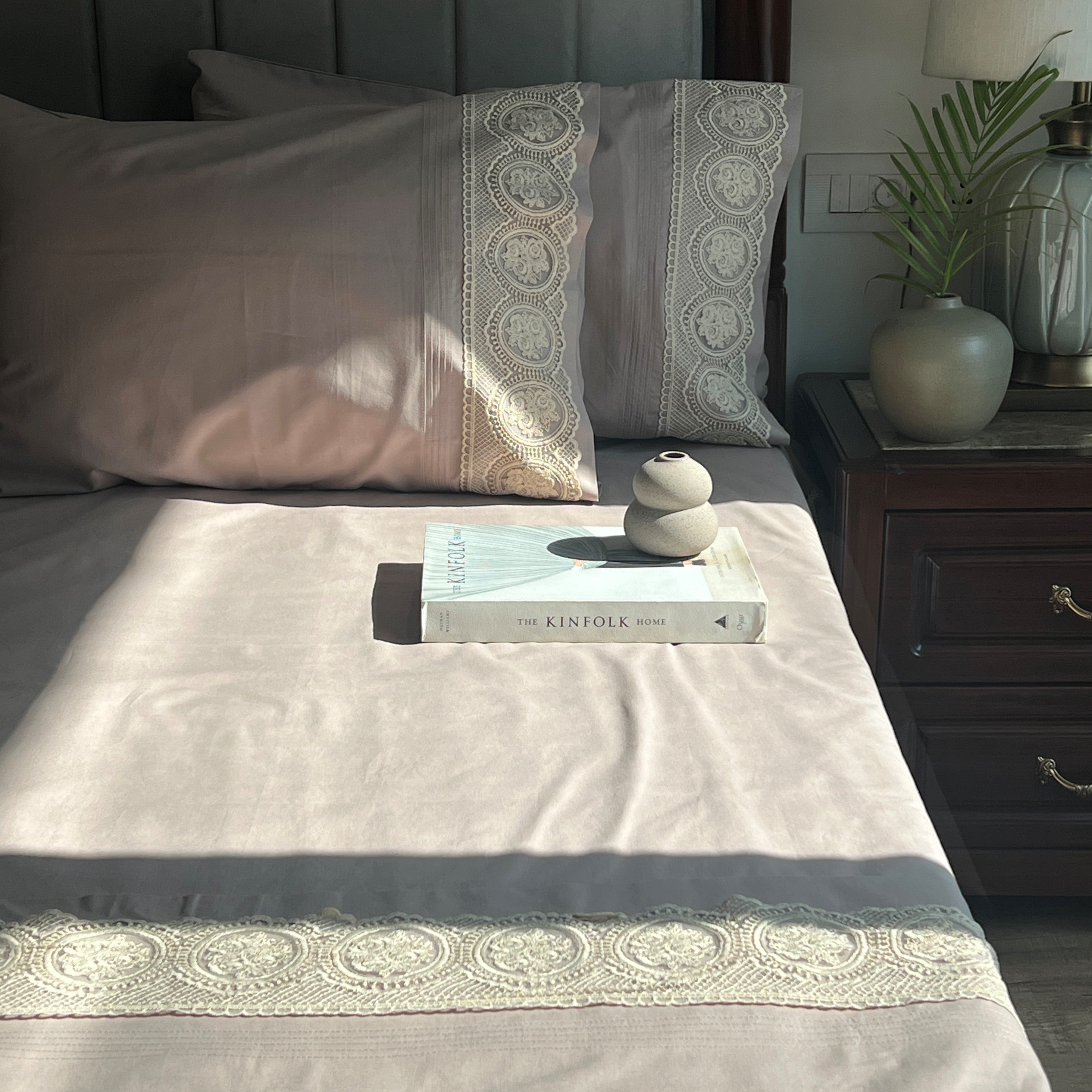 Chantilly Mocha Embroidered Lace Bedsheet Set