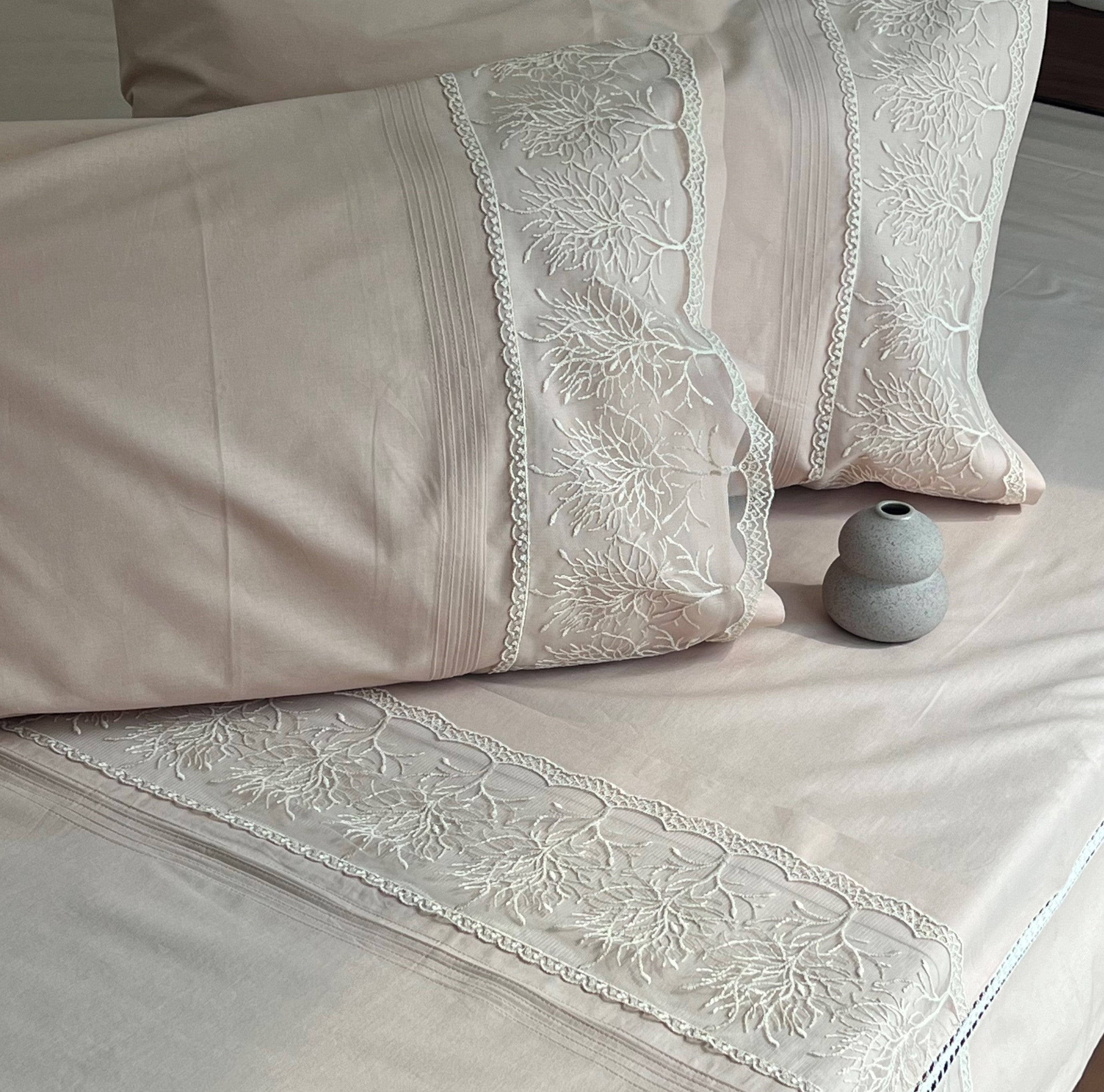 Chantilly Sand Embroidered Lace Bedsheet Set