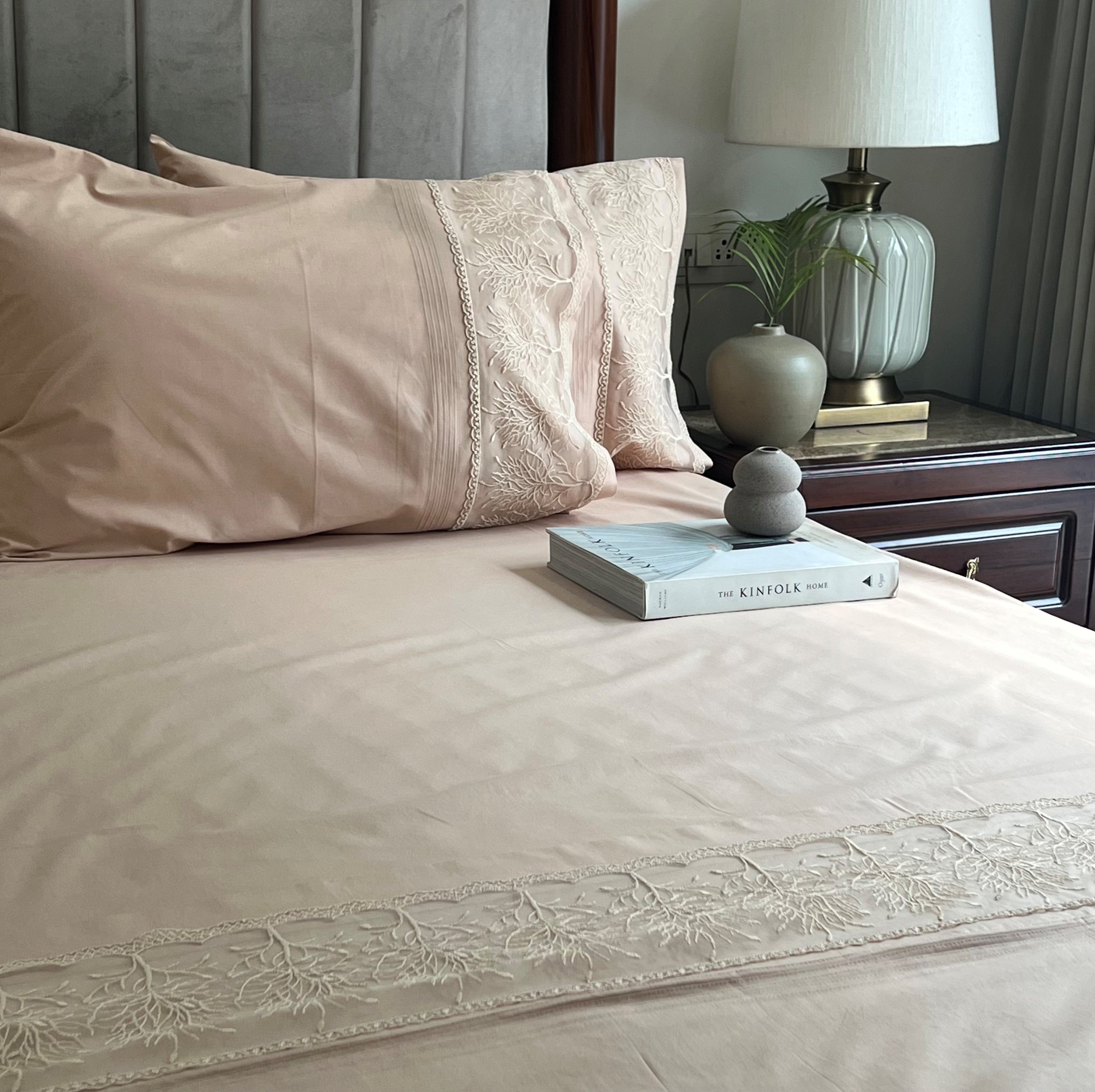 Chantilly Sand Embroidered Lace Bedsheet Set