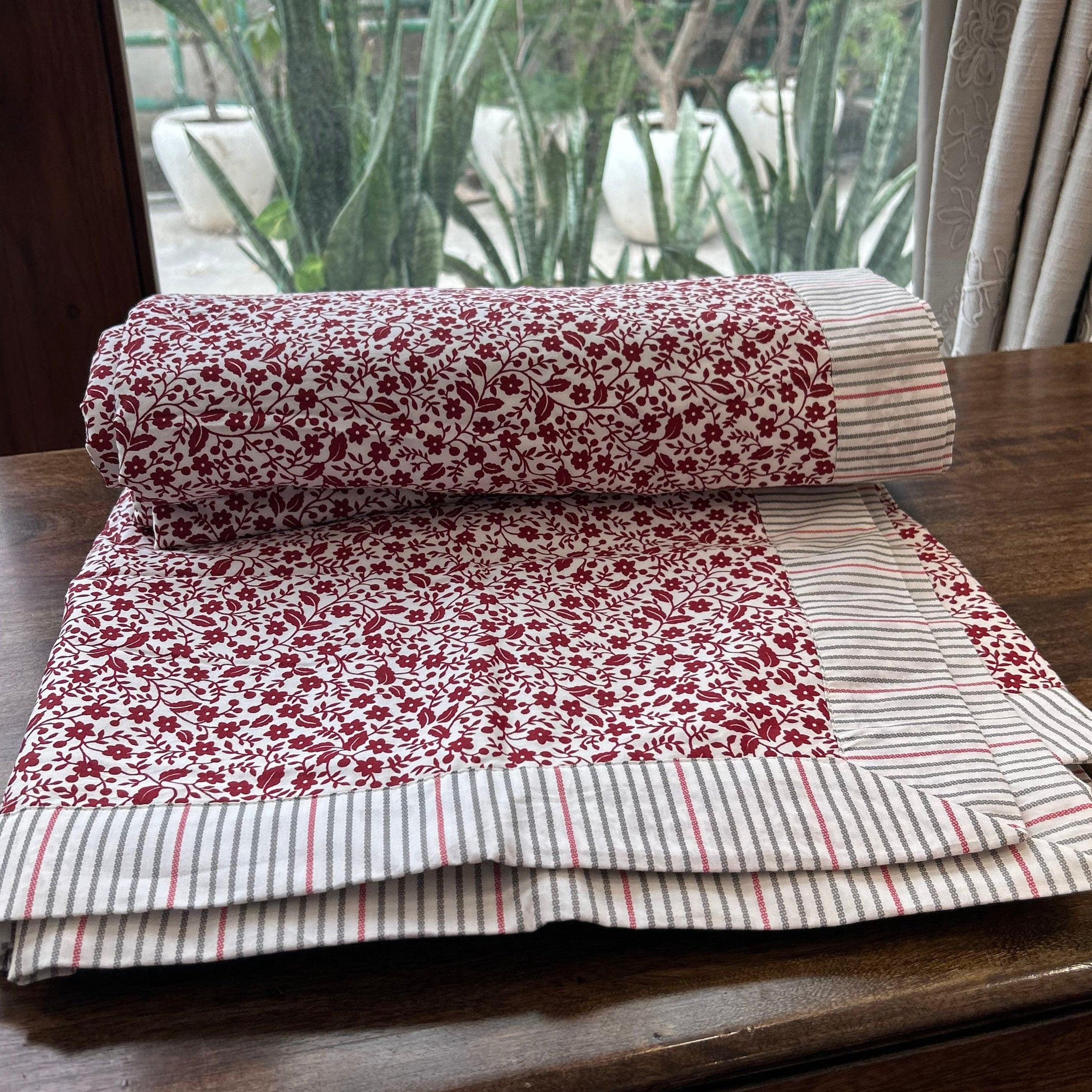 Single Bed Red Printed Premium Pure Cotton Reversible Dohar