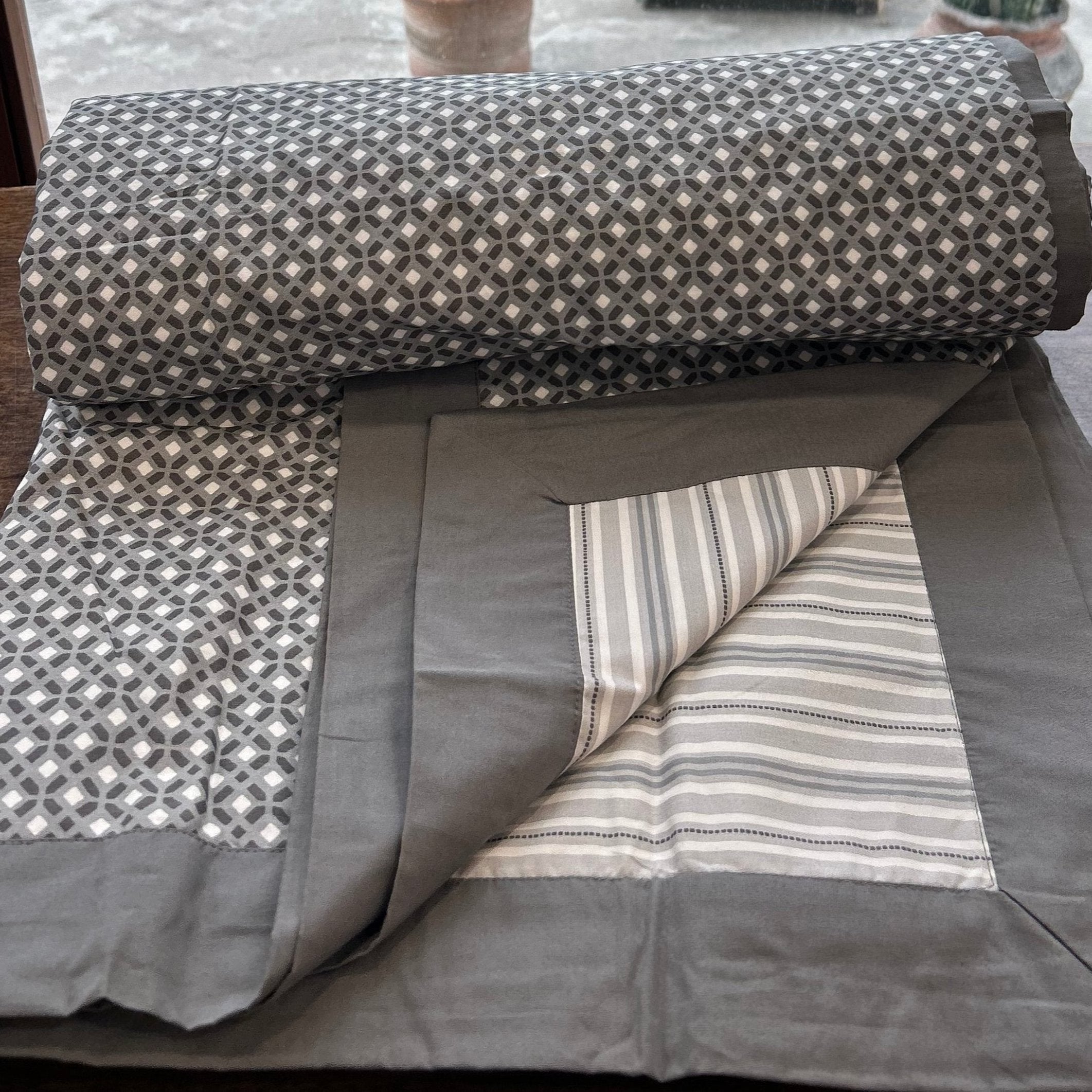 Single Bed Grey Printed Premium Pure Cotton Reversible Dohar