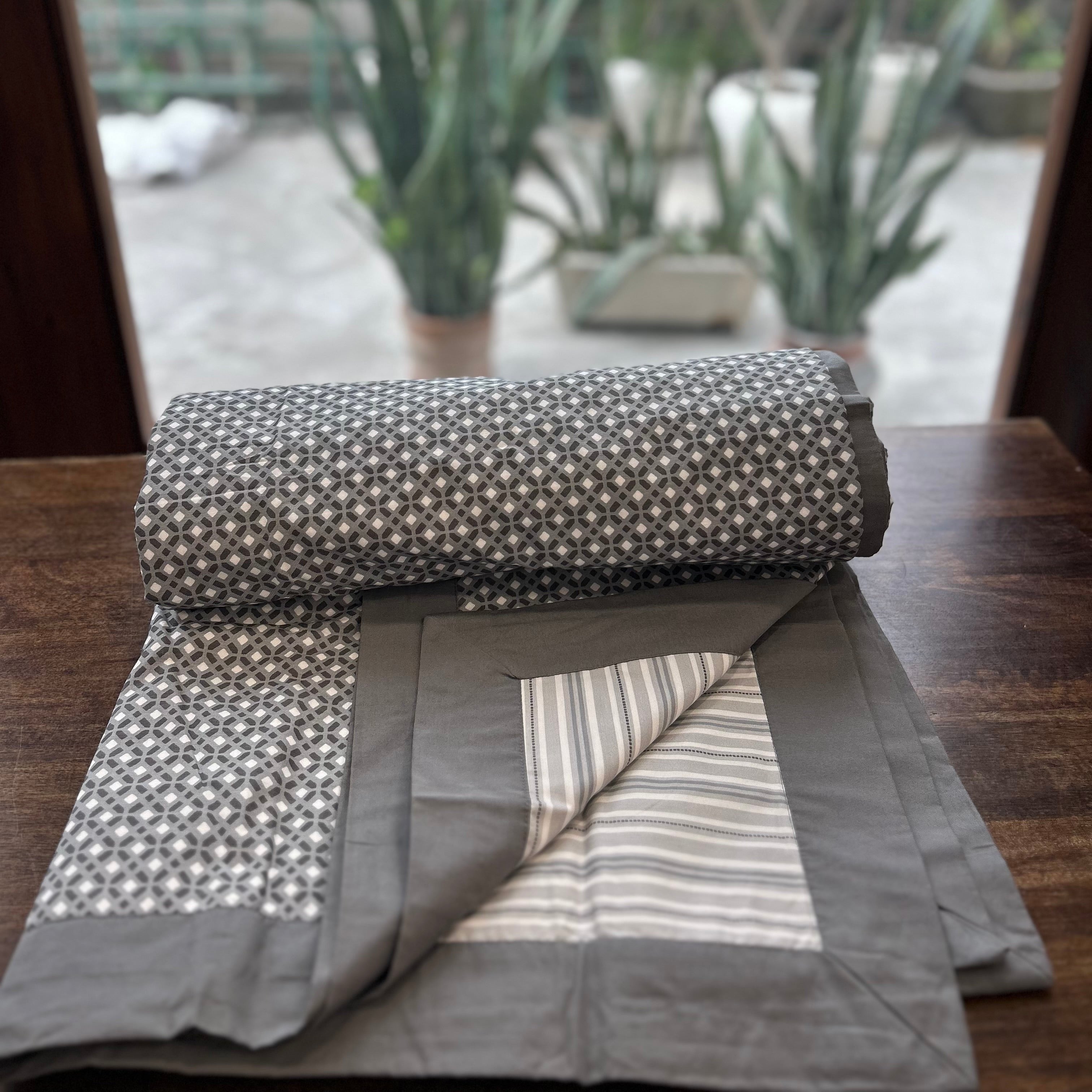 Double Bed Grey Printed Premium Pure Cotton Reversible Dohar