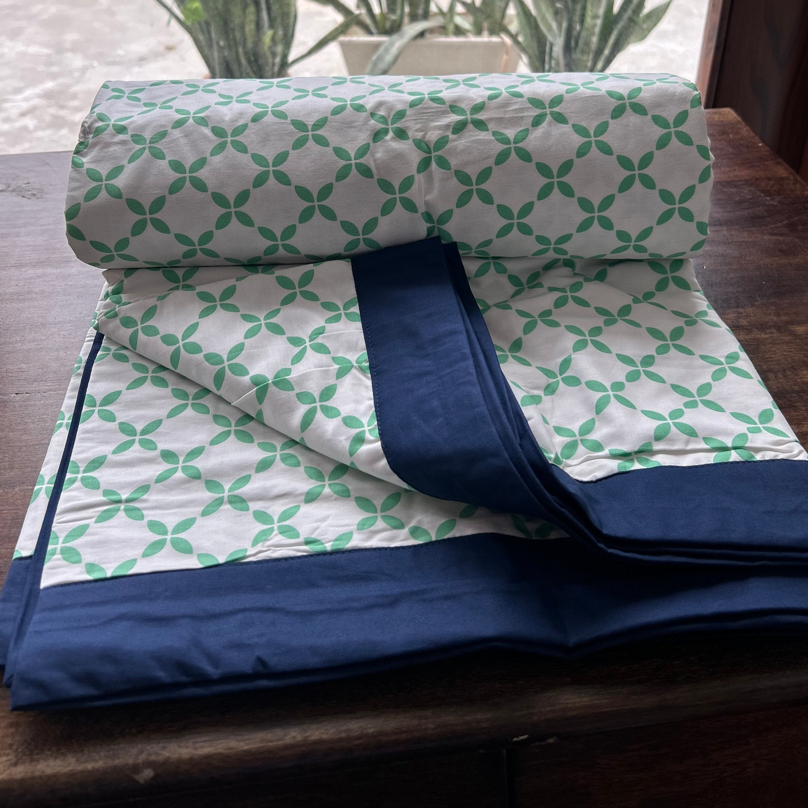 Single Bed Green and Blue Printed Premium Pure Cotton Reversible Dohar