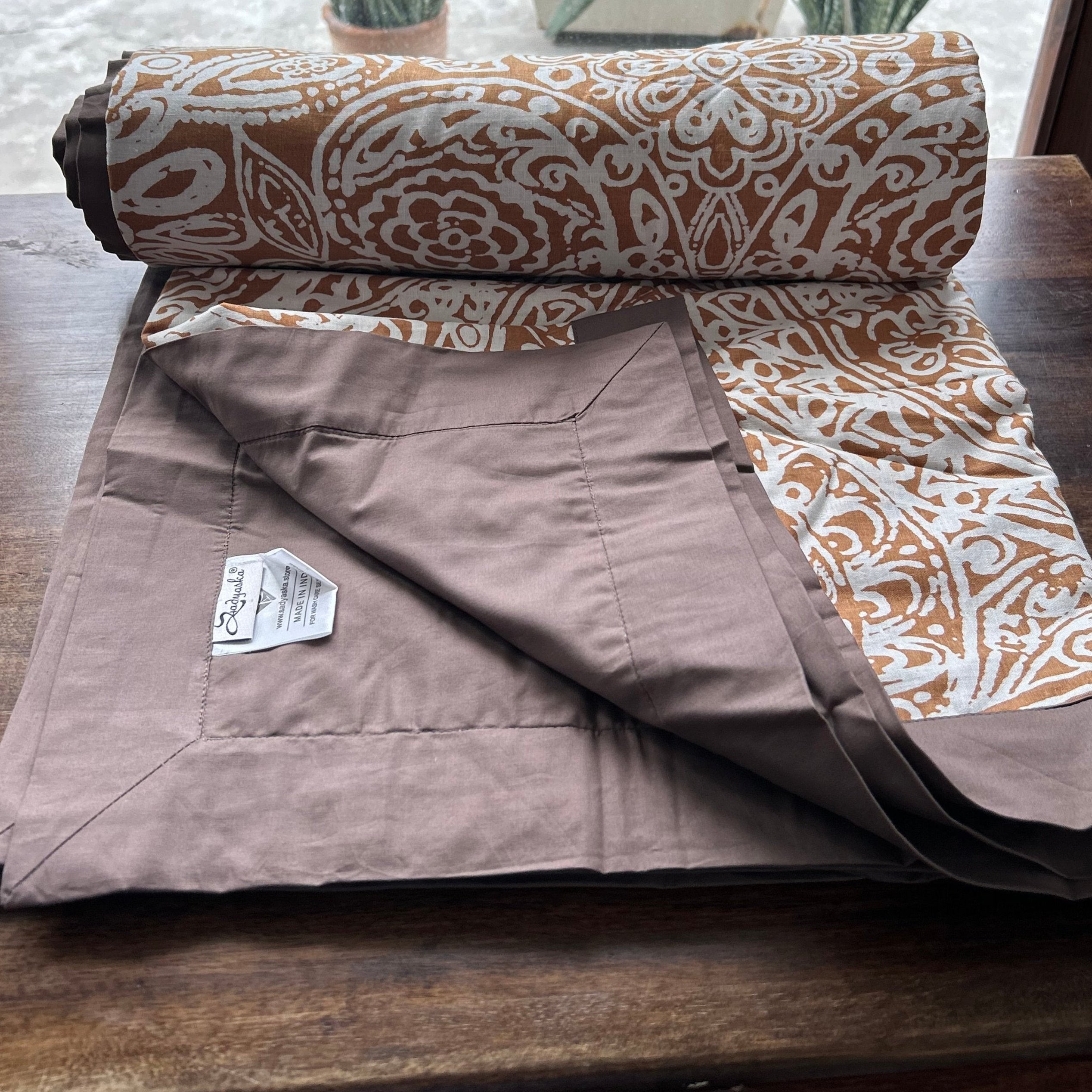 Single Bed Mustard Taupe Printed Premium Pure Cotton Reversible Dohar