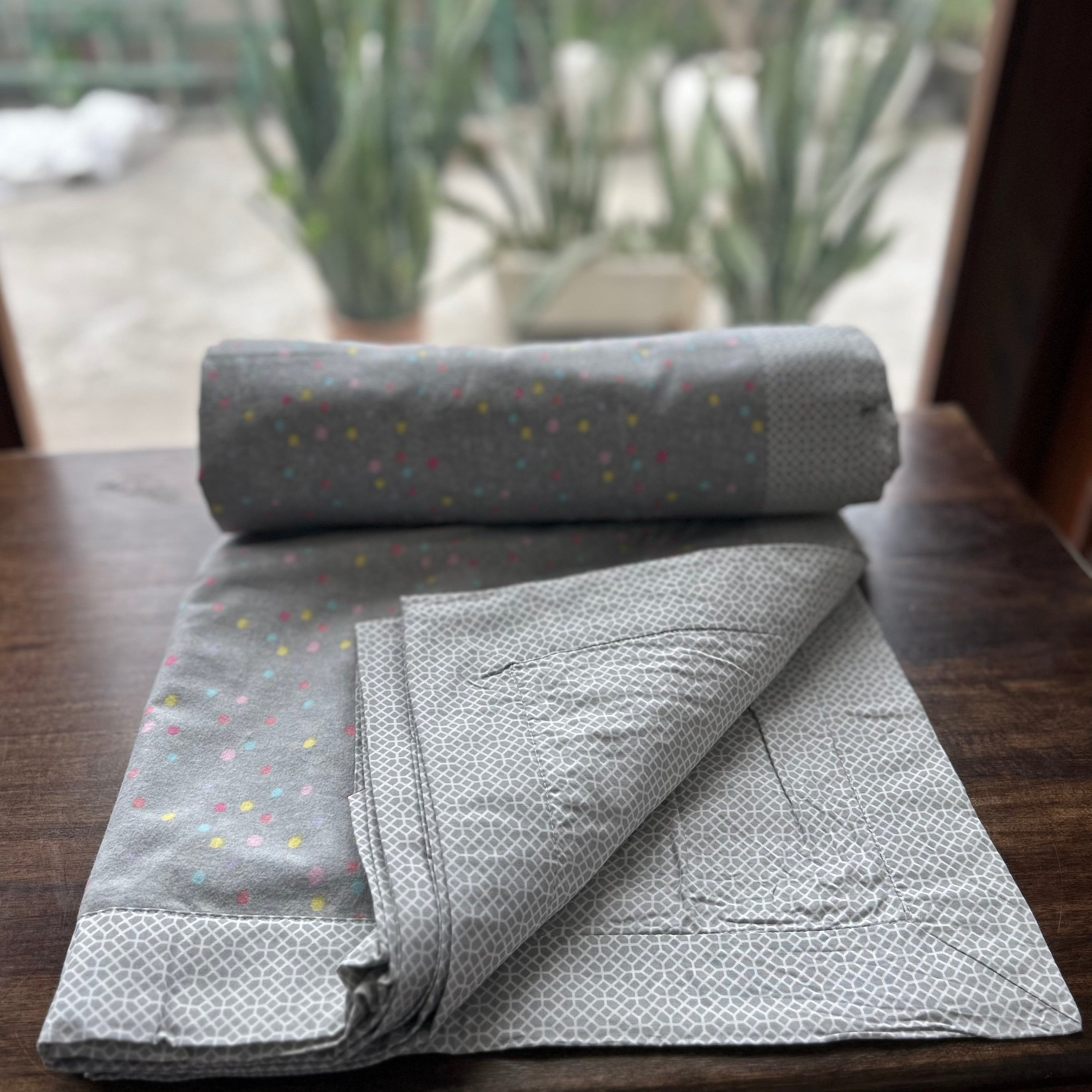 Double Bed Grey Dots Printed Premium Pure Cotton Reversible Dohar